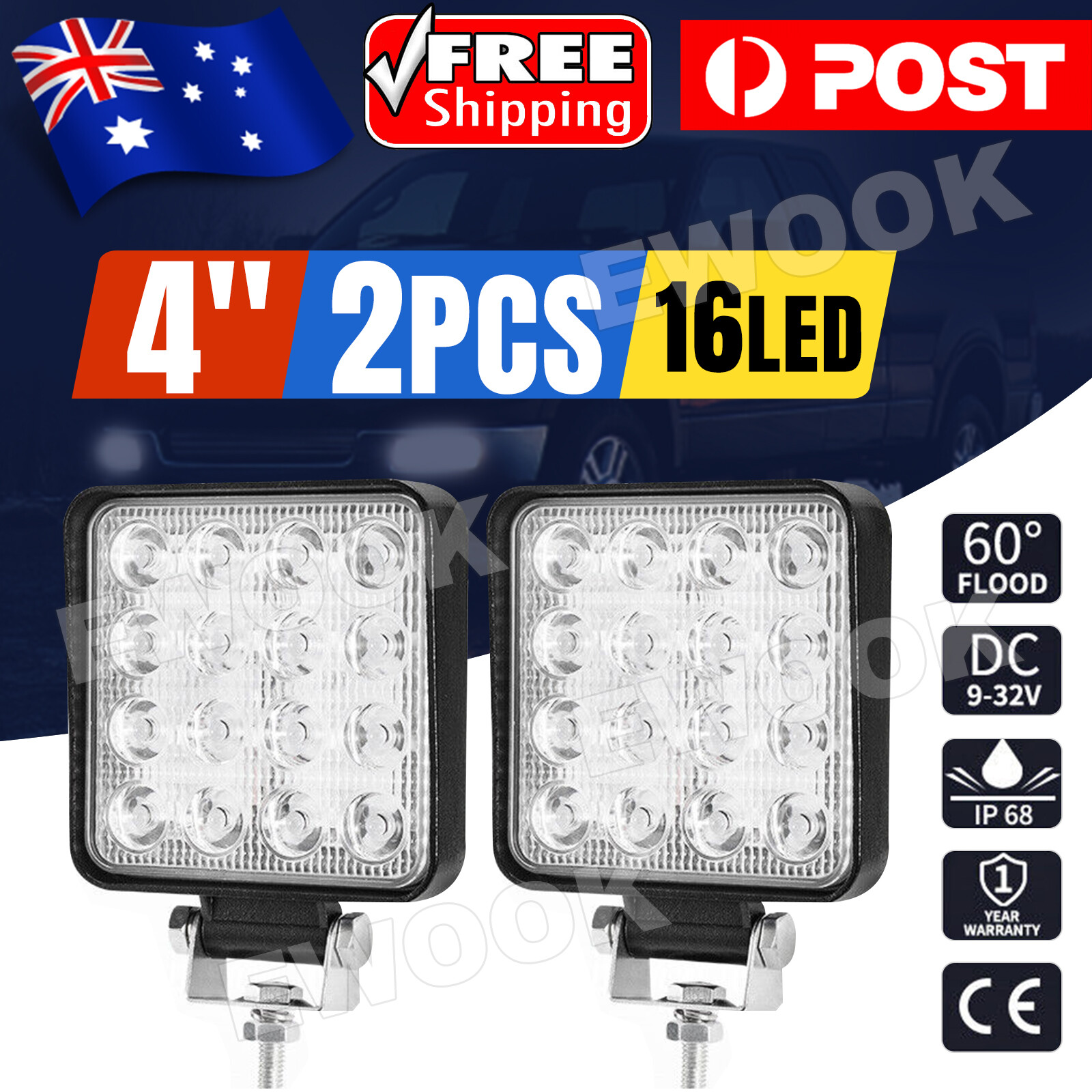 2x 4inch Osram Square LED Work Lights Flood Reverse Ute Truck 12V 24V Front Rear