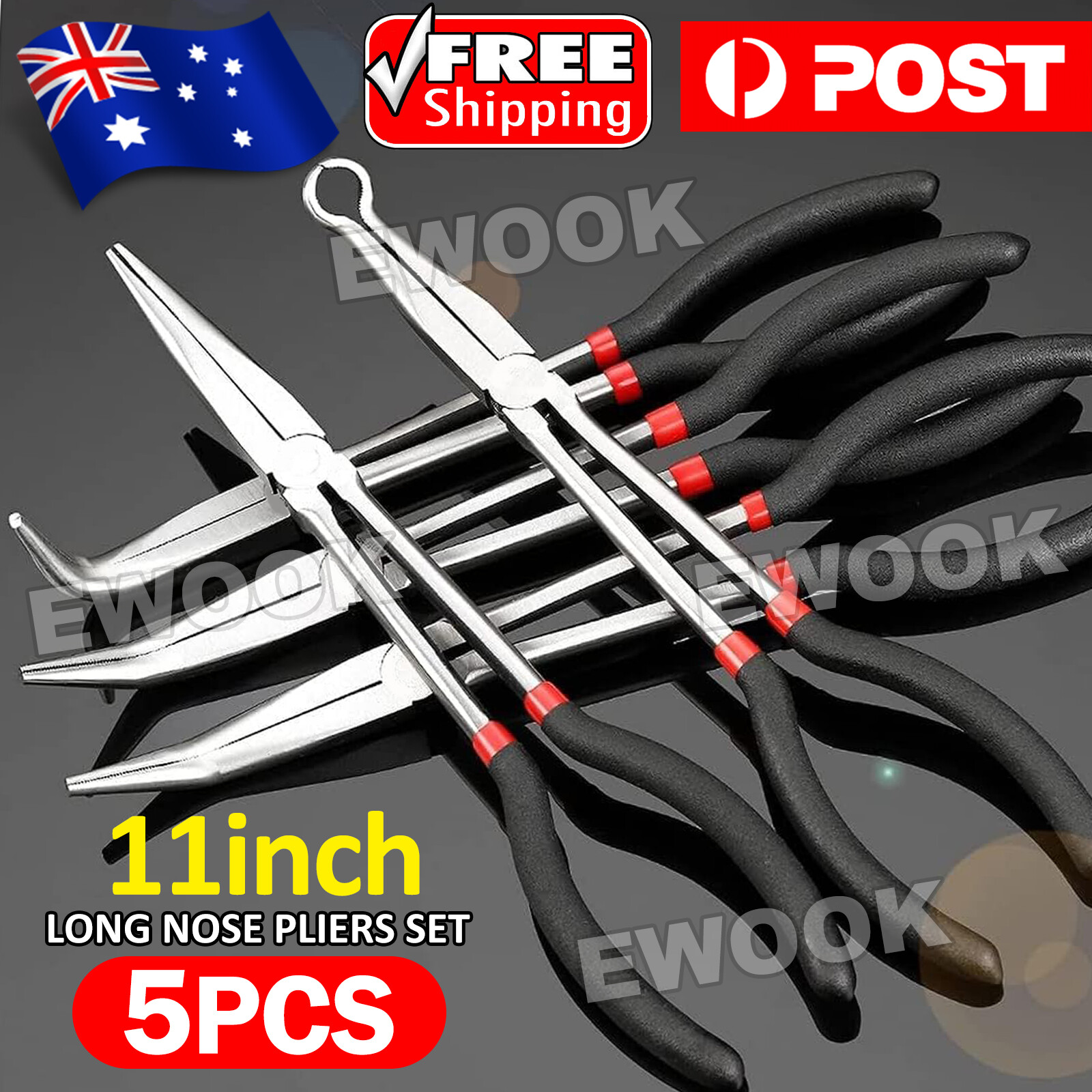 5X 280mm 11apos apos Long Reach Nose Pliers Set Straight Bent Tip Mechanic Hose