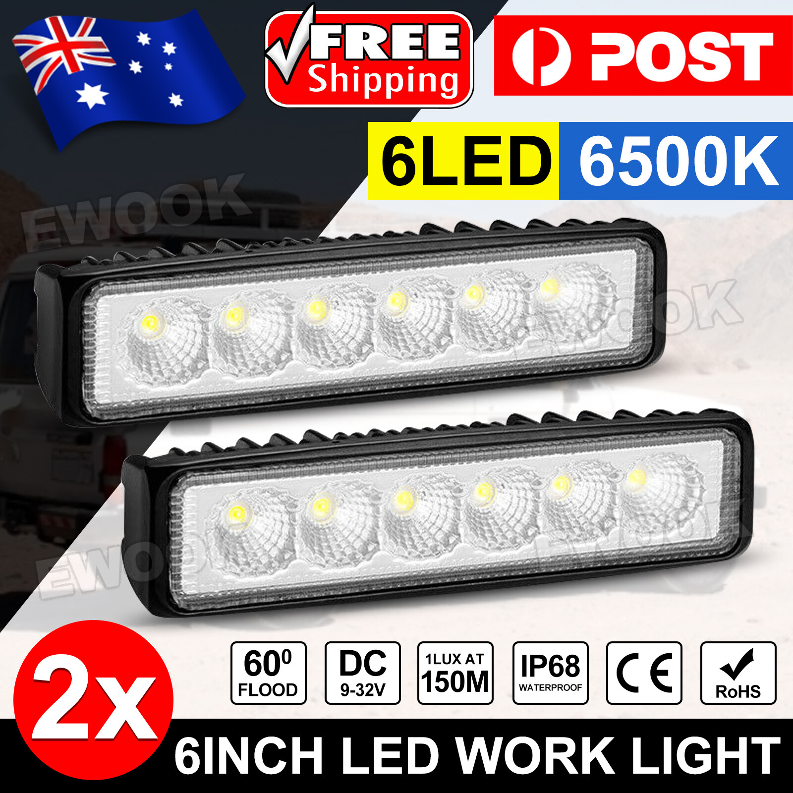2pcs 12V 18W 6Inch LED Work Light Bar Flood Spot Driving Lamp SUV OZ As Picture