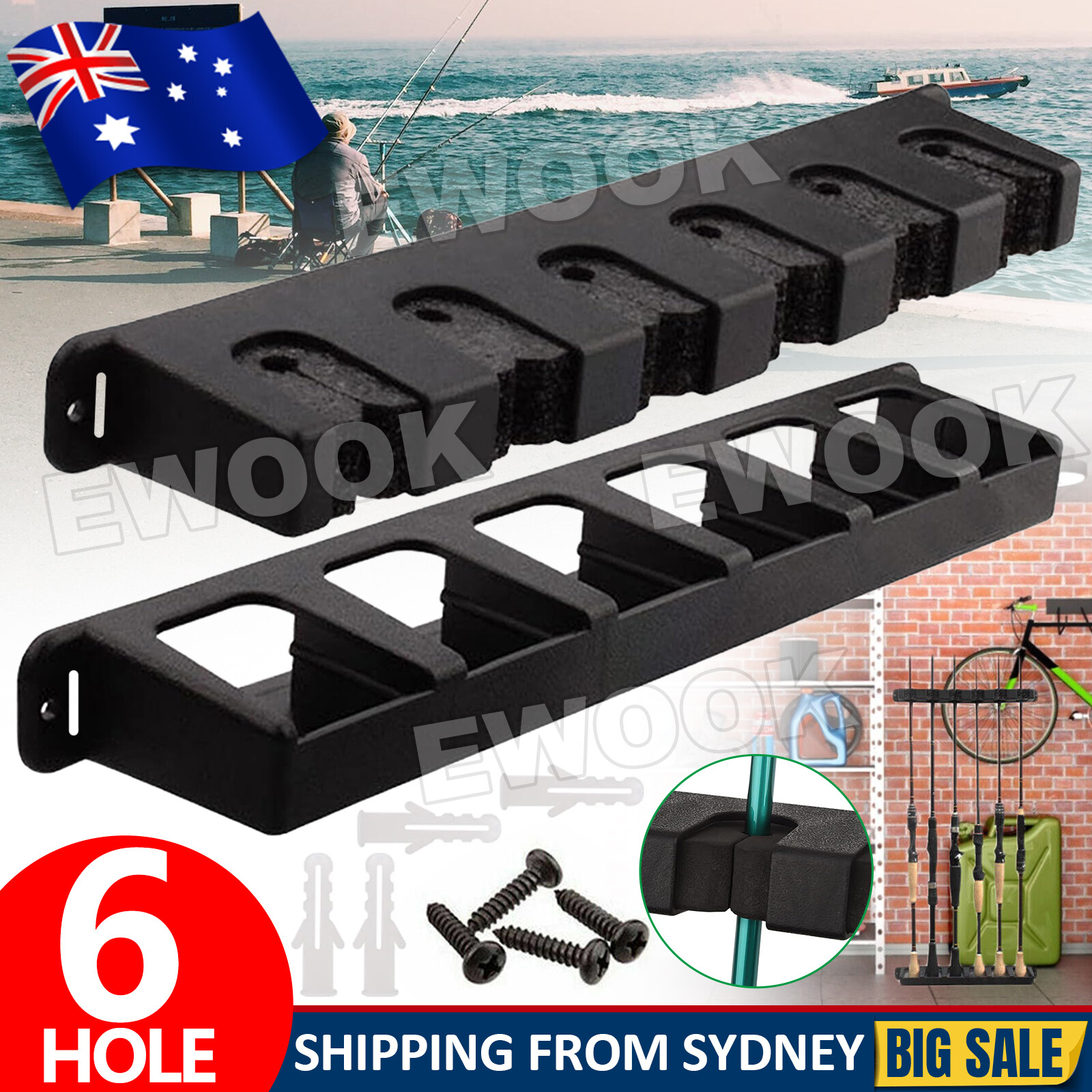 6-Rod Rack Fishing Pole Holder Tackle Wall Rod Storage Fixed Stand Ground Stake