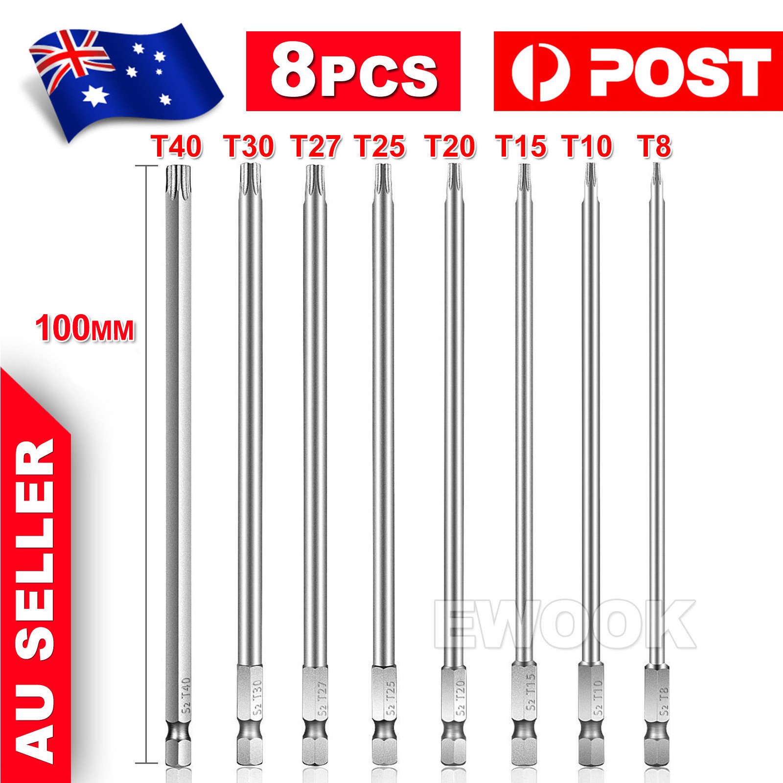 8x T8-T40 Torx Screwdriver Bit Set Hex Security Magnetic Head 100mm Long None S2