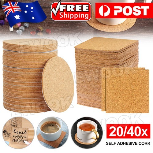 20/40 Self-adhesive Cork Coasters Round Square Mats Backing Sheets DIY Cup 20pcs