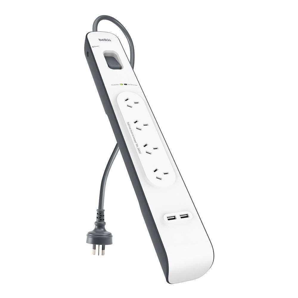 BELKIN 4 Way Outlet Surge Protector 2M Power Board 2.4A 2 USB Ports Charger