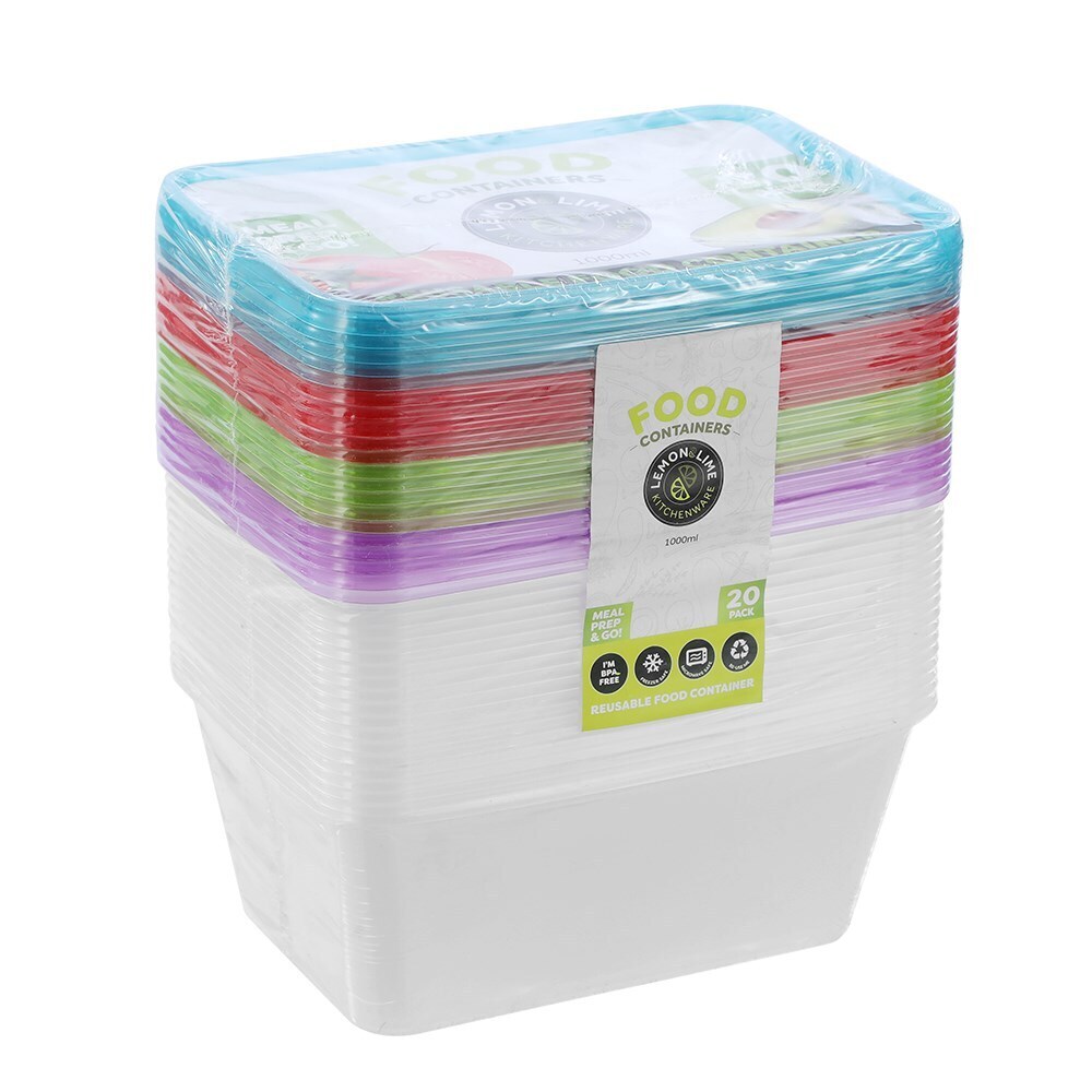 LEMON AND LIME 20PK Rectangle 1L Reusable Food/Meal Container w/ Coloured Lids 1