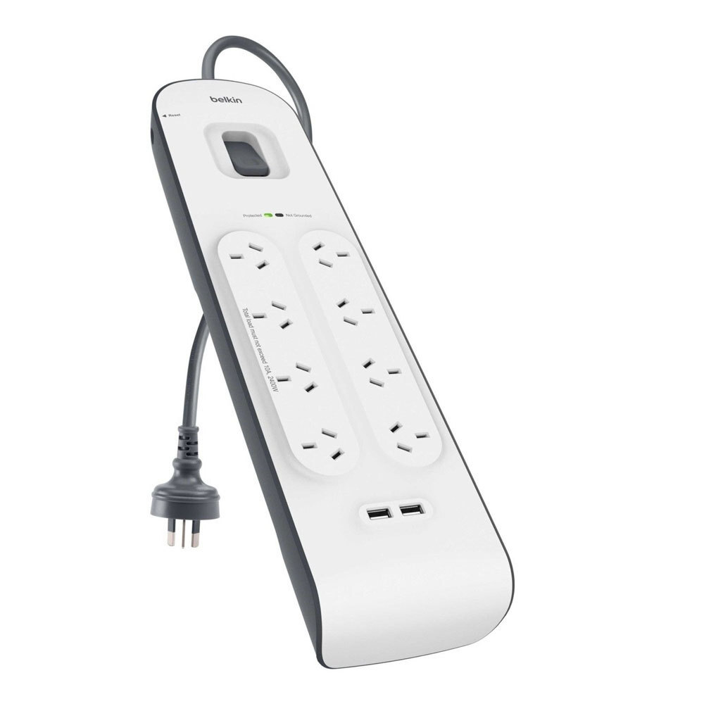 BELKIN 8 Way Outlet Surge Protector 2M Power Board 2.4A 2 USB Ports Charger