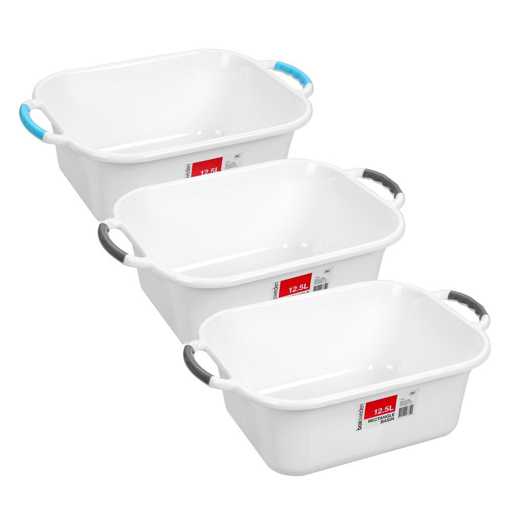 BOXSWEDEN 3x 12.5L Basin Rectangular w/ Handles Washing Bucket Storage Tub Asst
