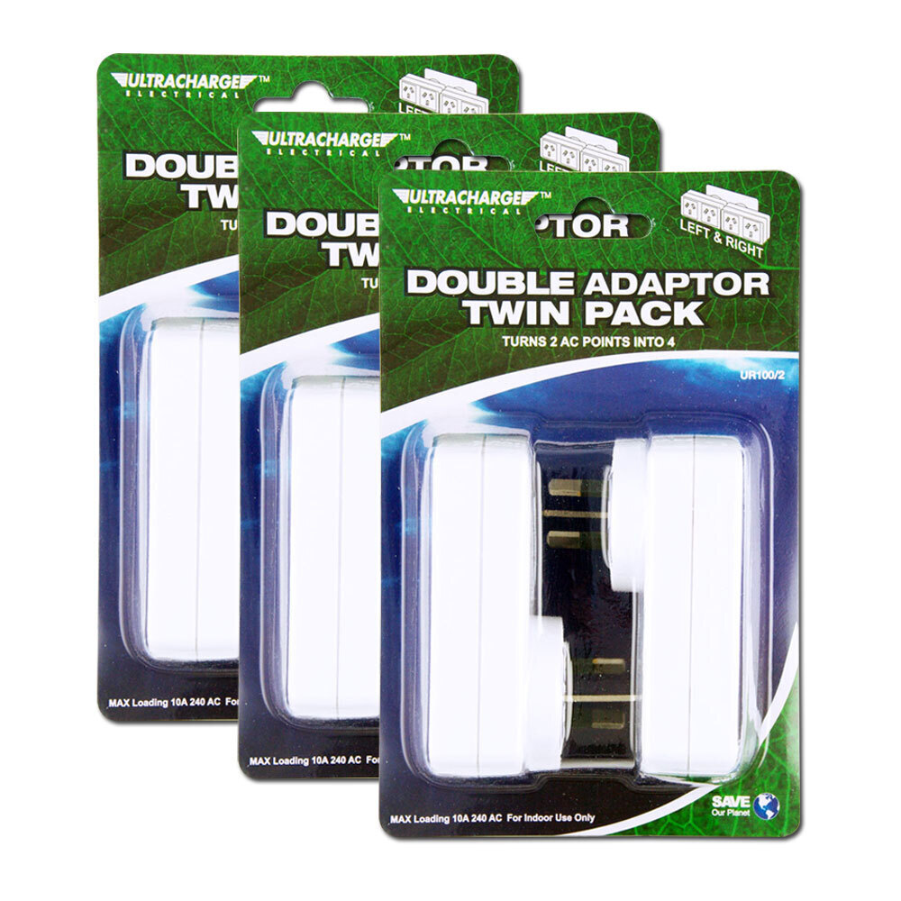 Ultracharge 3x Double AC Adaptor Twin Left Right 4 Outlets Plug Extender White