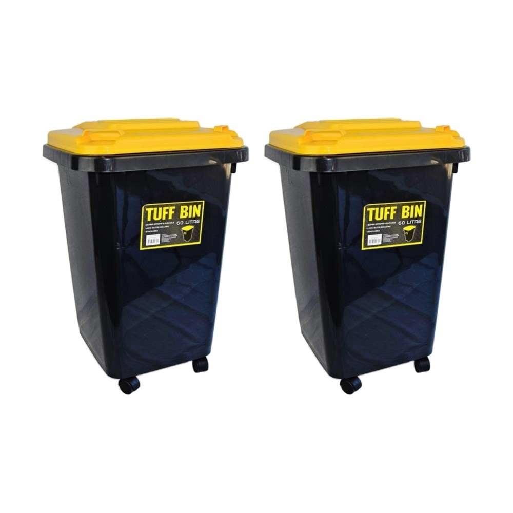 BRAZ 2PK 60L Rubbish Waste Outdoor Wheely Bin W/ Lid Wheels Black Garden 60