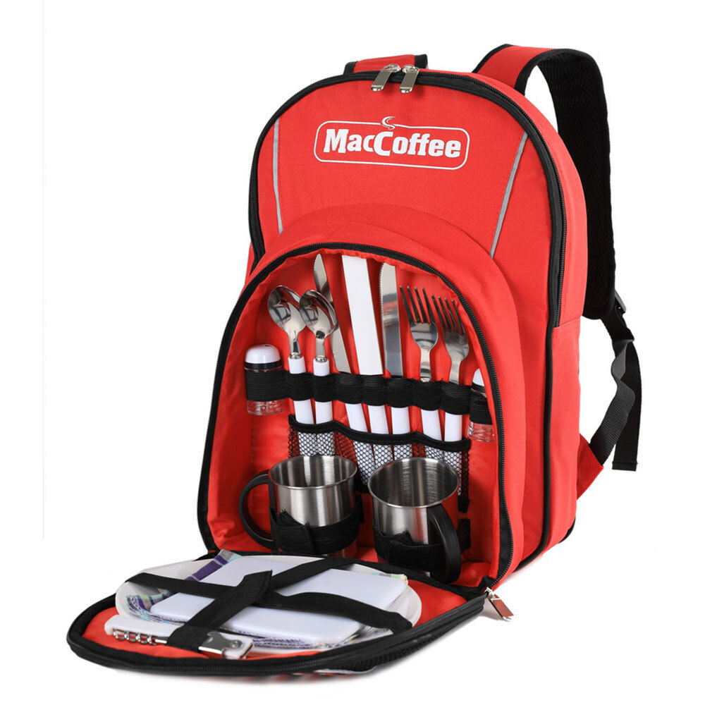 MAC COFFEE 2 Person Picnic Bag/Backpack Steel Mugs/Cutlery/Knives/Forks Red N/A