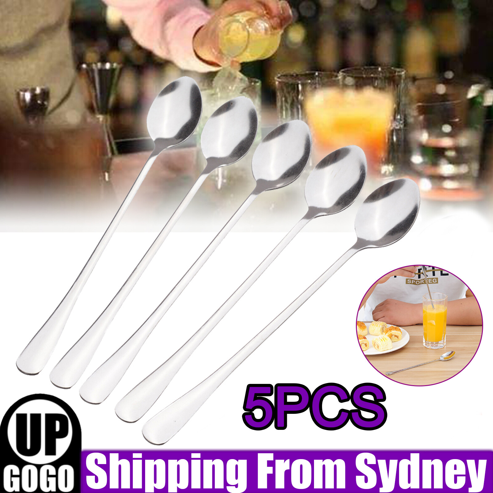 5pcs Long Handled Stainless Steel Coffee Spoon Cold Drink Ice Cream Tea AU