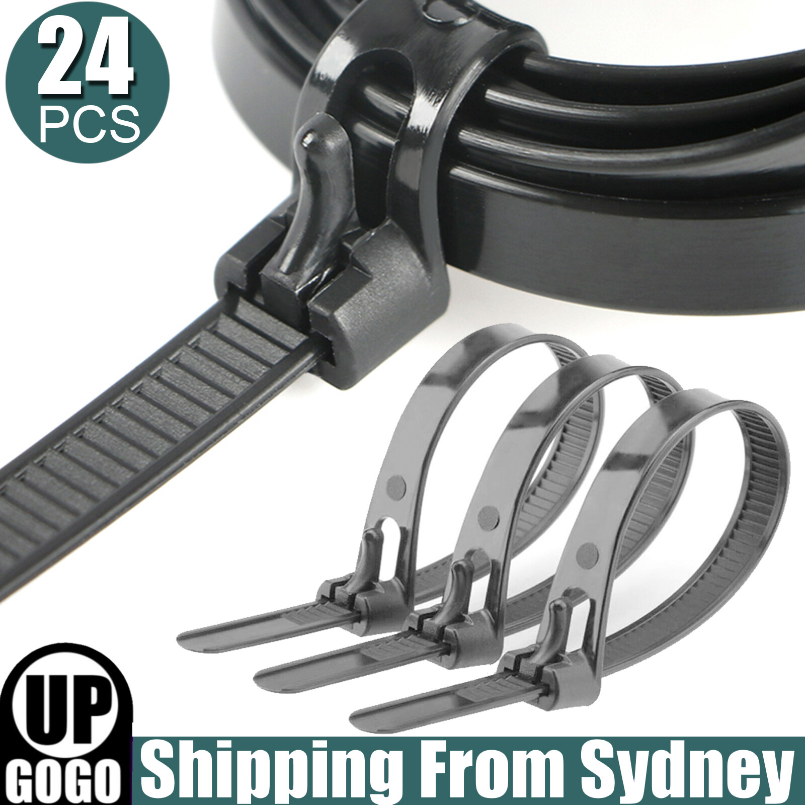 24pcs Black Cable Ties Zip Nylon Plastic Releasable Reusable Wraps Ratchet Wire