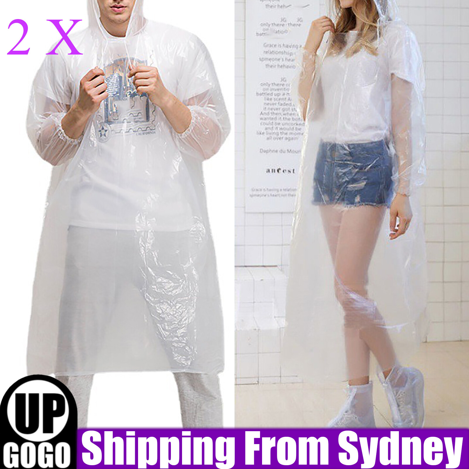 2pcs Clear Adult Rain Poncho Disposable Emergency Raincoat Plastic Coat AU All