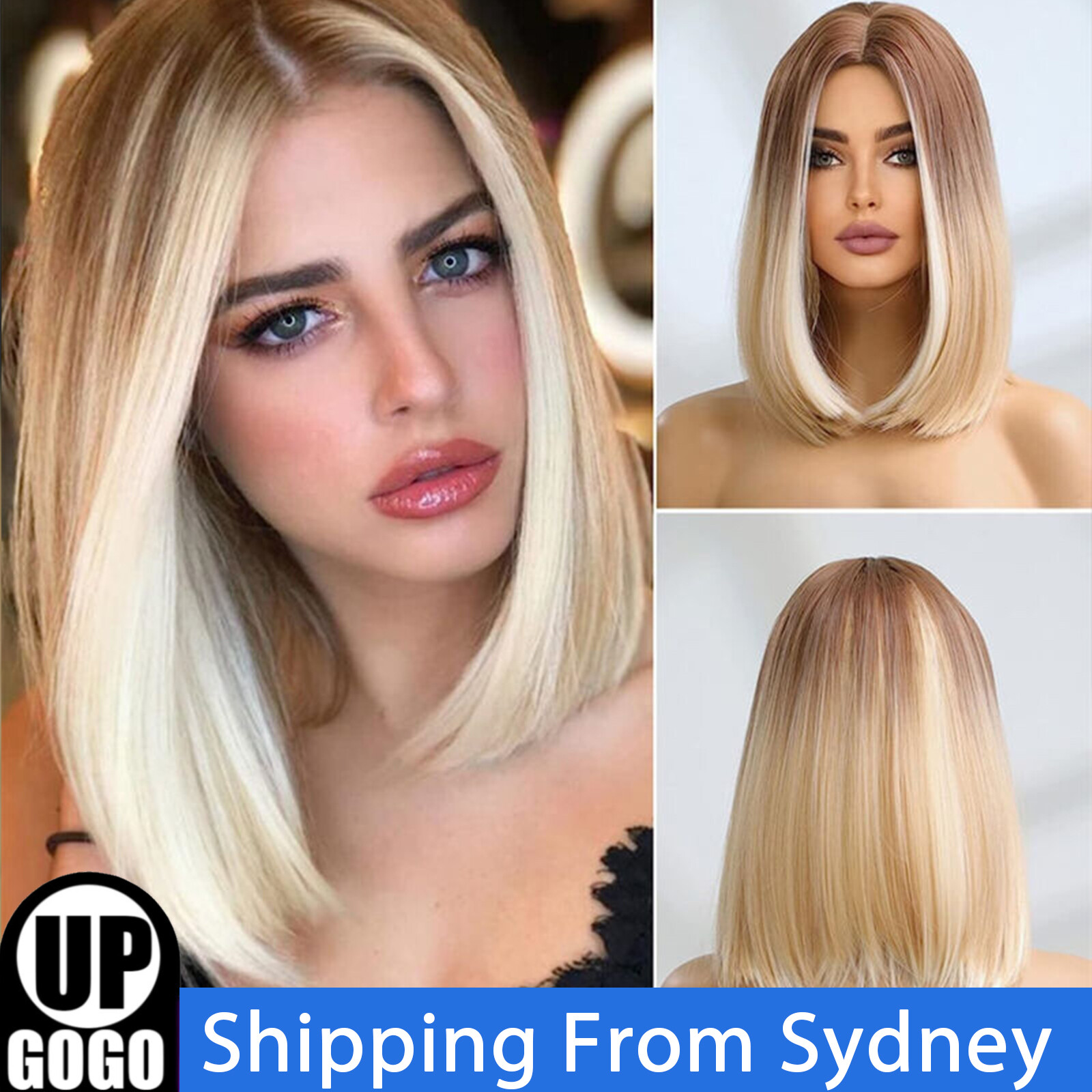 Women Blonde Human Hair Wigs Short Straight Full Bob Party Bangs 1/2 Hairpieces