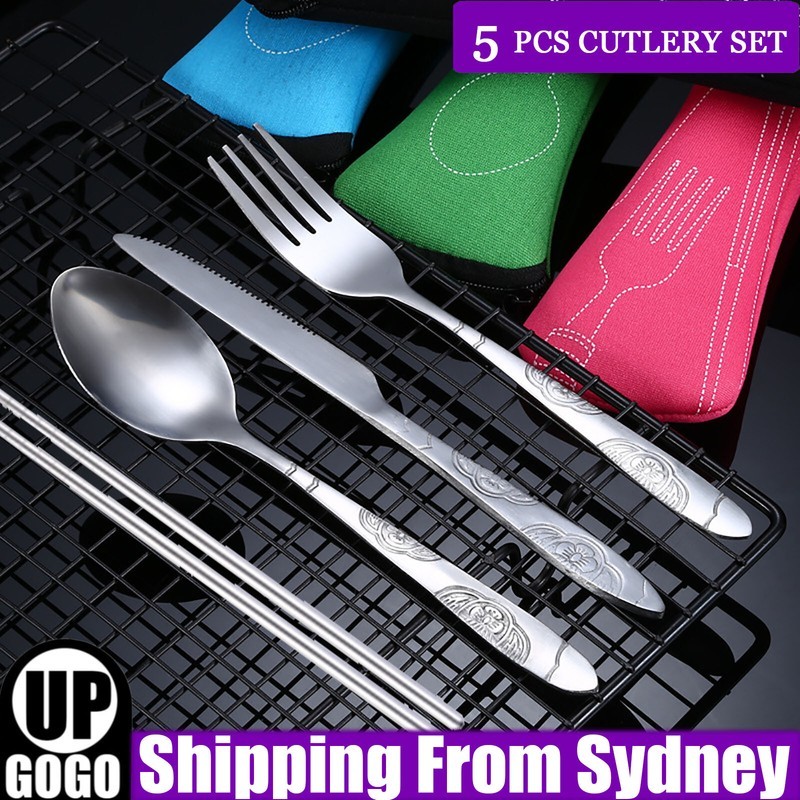 5PCS Cutlery Set Travel Knife Fork Portable Bag Stainless Steel Spoon Chopstick
