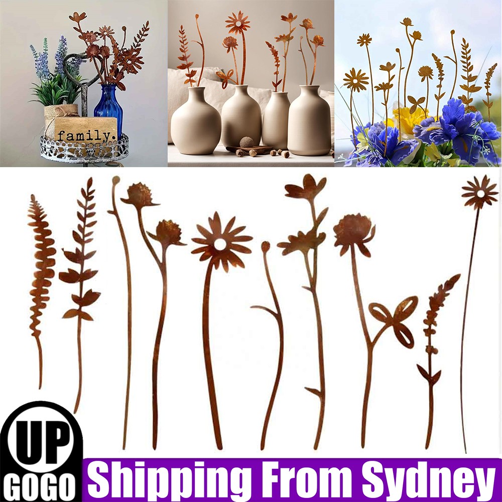 10PCS Metal Iron Rusty Flowers Art Yard Outdoor Garden Ornament Sculpture Decor