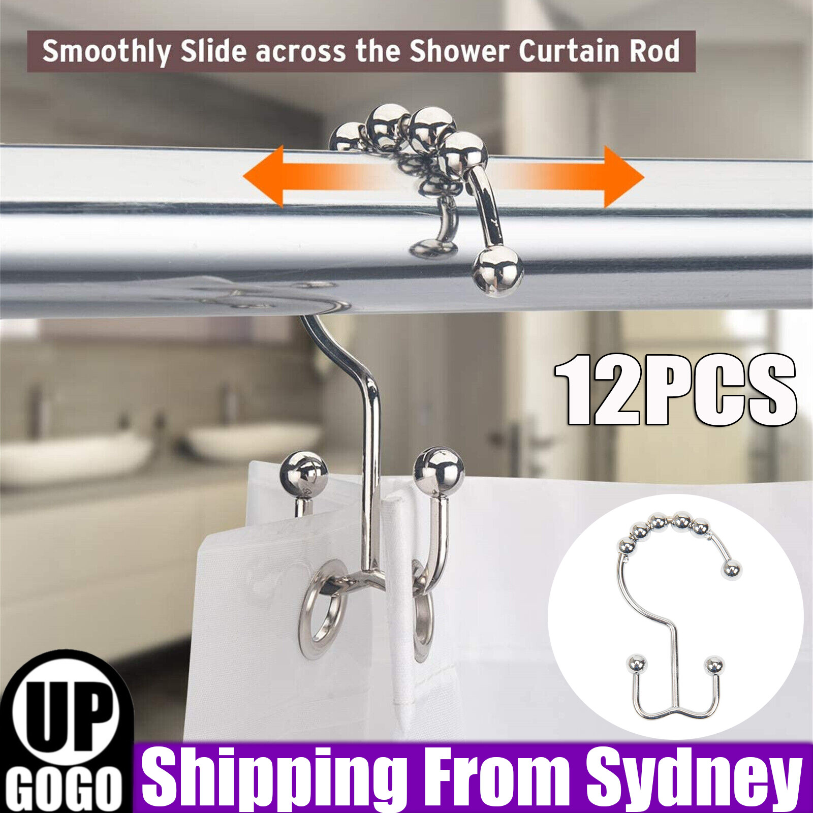 12X Shower Curtain Hooks Rings Rust-Resistant Metal Double Glide 12 Chrome Steel