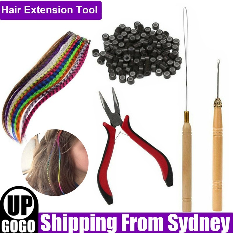 Hair Extension Tool Kit Silicone Micro Pliers 50 Grizzly Synthetic Feather Mix