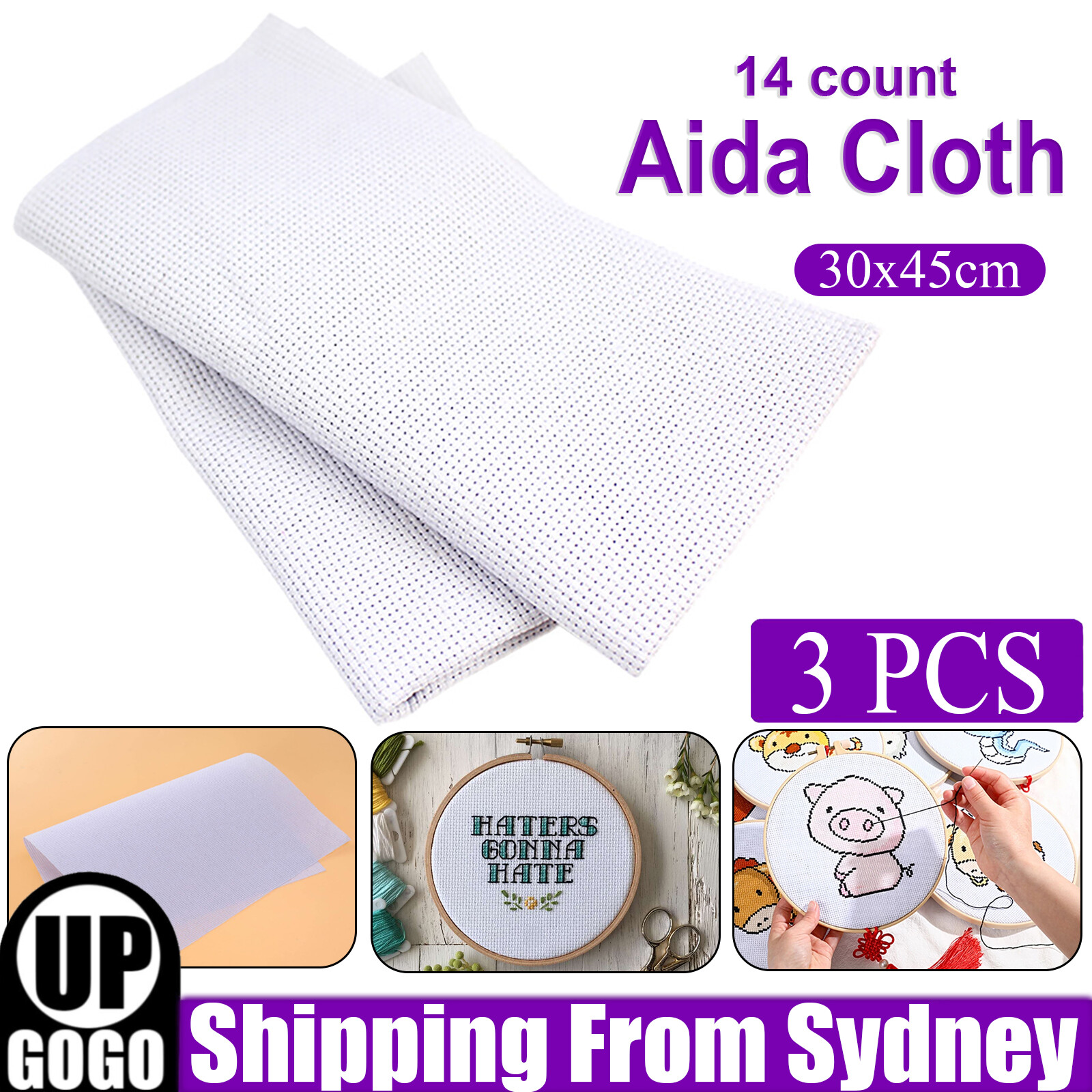 3x Precut Cross Stitch Aida Cloth 14 Count White 100 Cotton Fabric 30cm 45cm