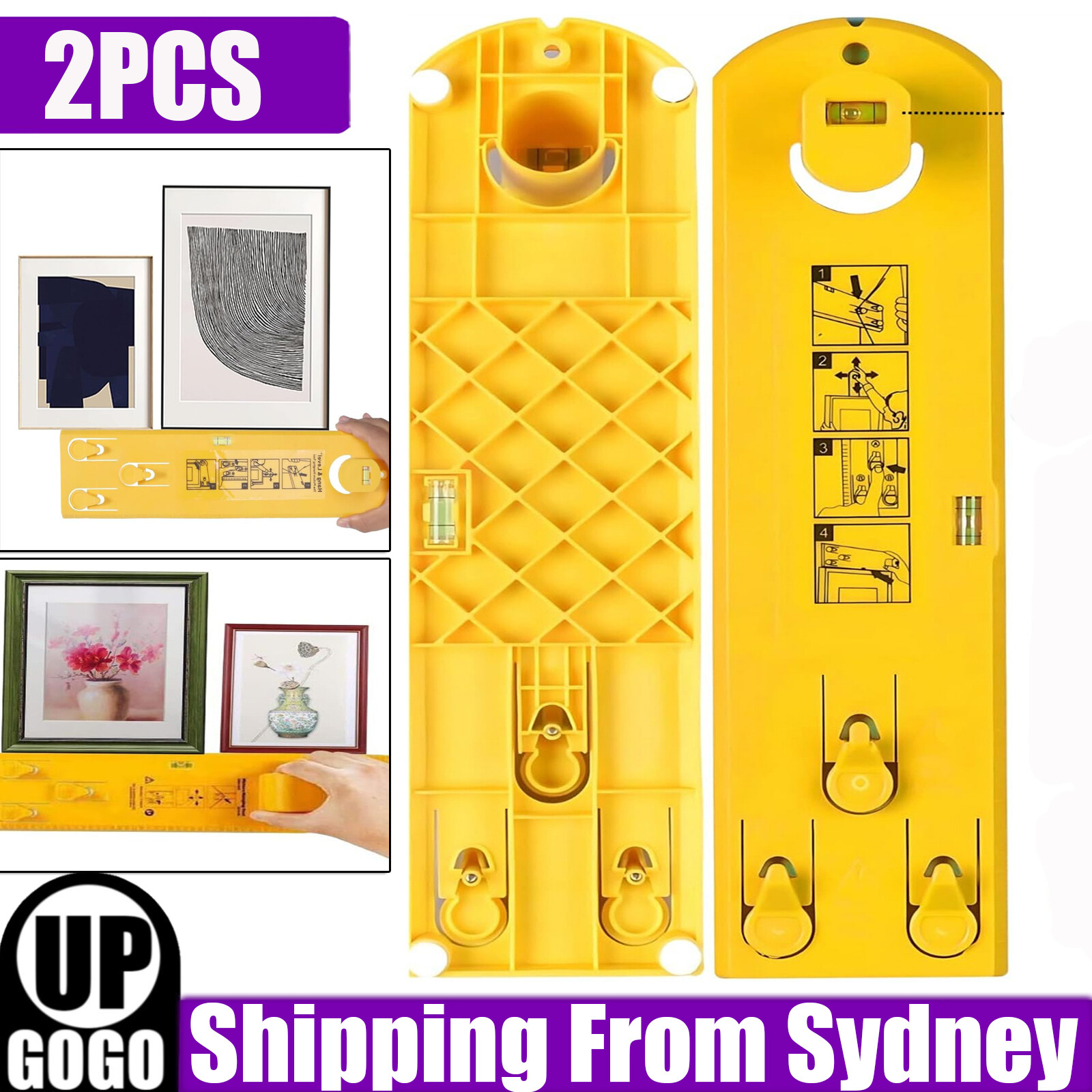 2pcs Picture Hanging tool Frame Hanger Easy Wall Photo Level Ruler Yellow ABS