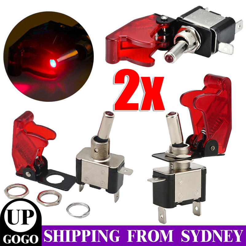 2x On/Off Toggle Switch RED LED Light w/ Missile Cover Heavy Duty SPST 12V/20A