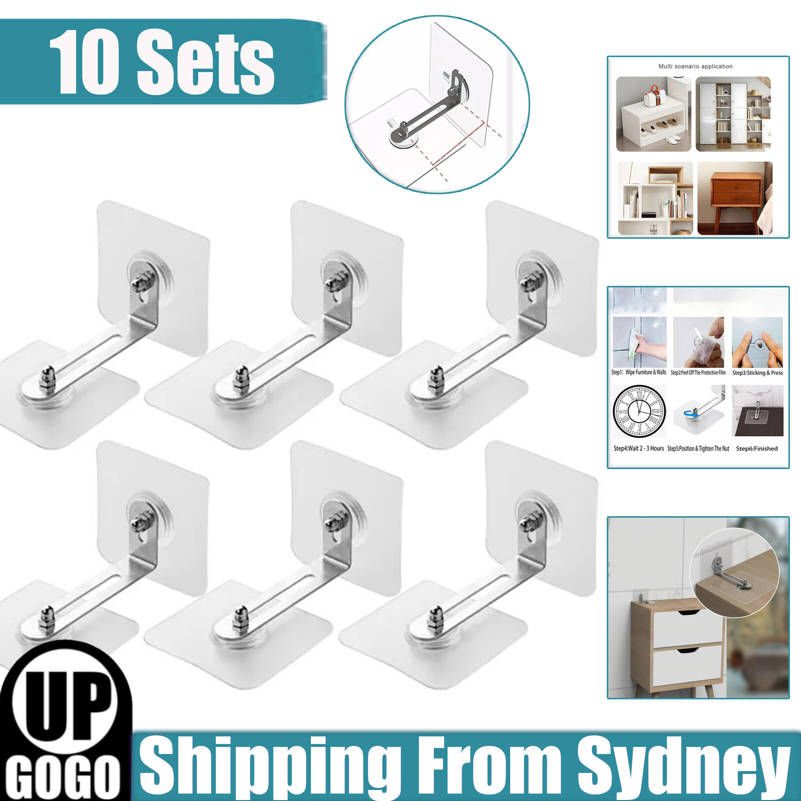 10X Furniture Anchors Wall Anti Tip Drill Adhesive No-Drill Silver Baby Locks