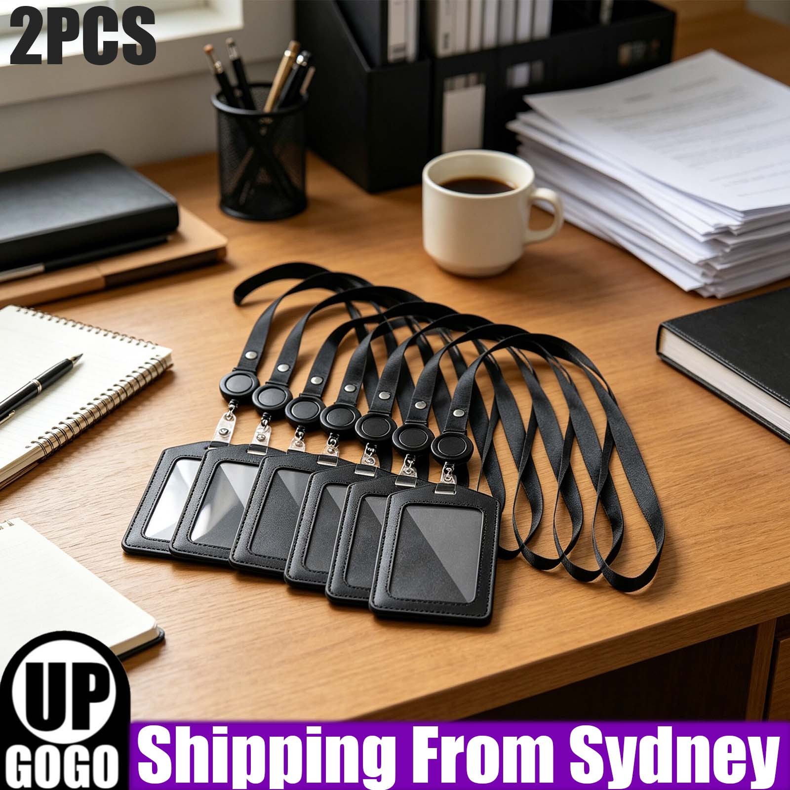 2X Leather Business ID Badge Card Holder Retractable Lanyard Neck Strap Band as