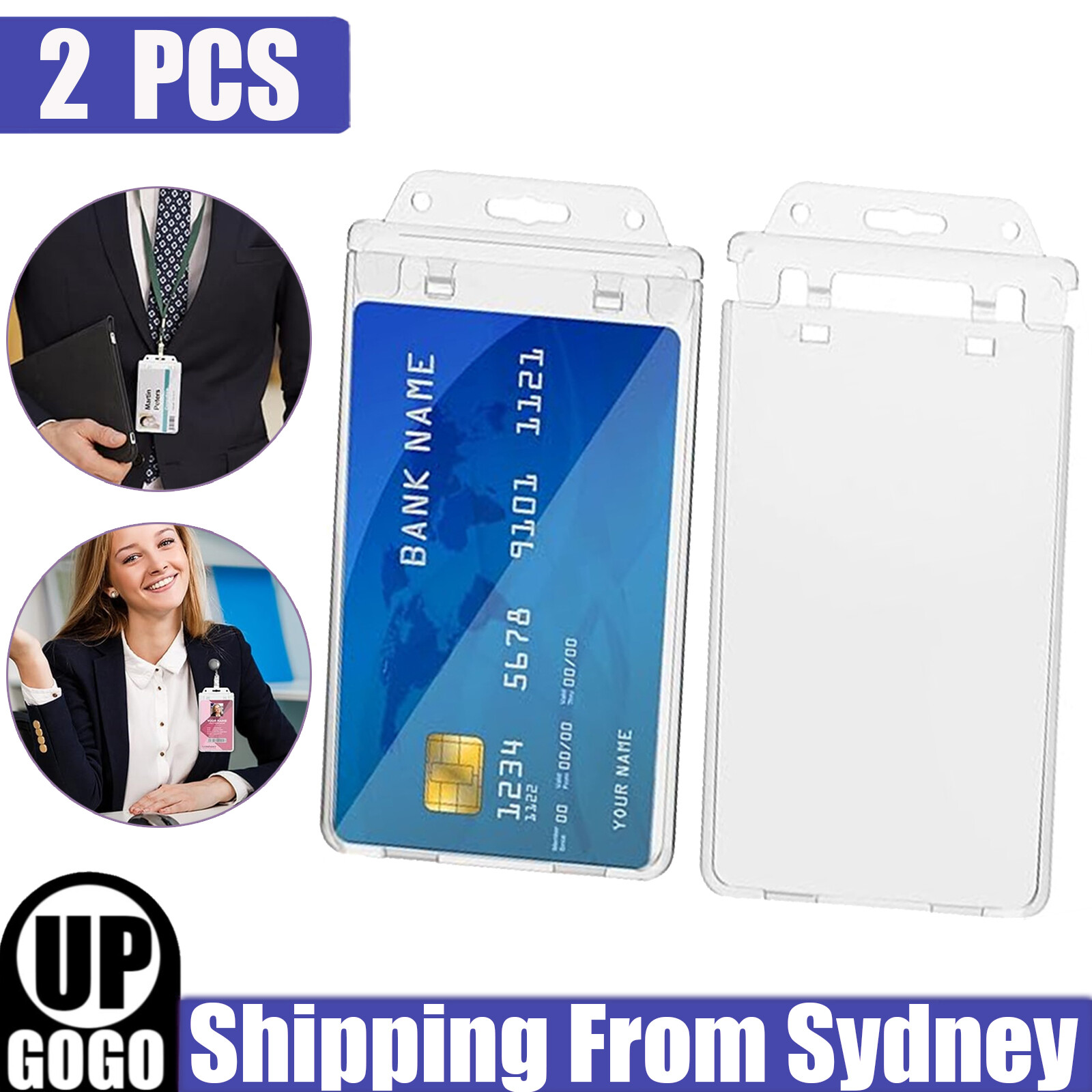 2PCS Clear ID Card Holder Hard Permanent Lockable Case Lanyard Business Portrait