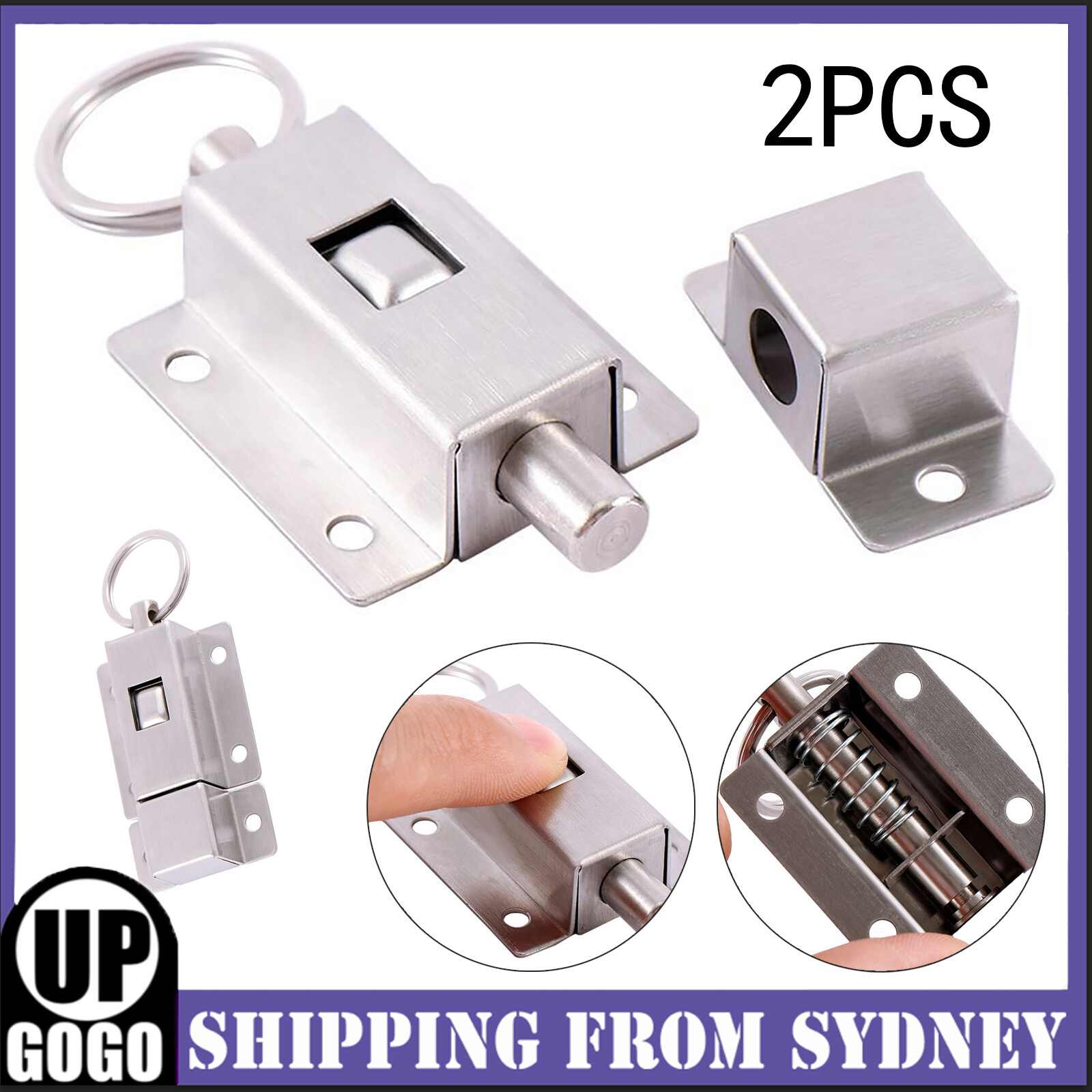 2PCS Door Barrel Bolt Stainless Steel Ring-Pull Spring Loaded Sliding Latch AU