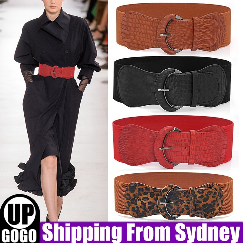 Women Ladies Faux Leather Wide Stretch Elastic Buckle Cinch Waist Belt AU One