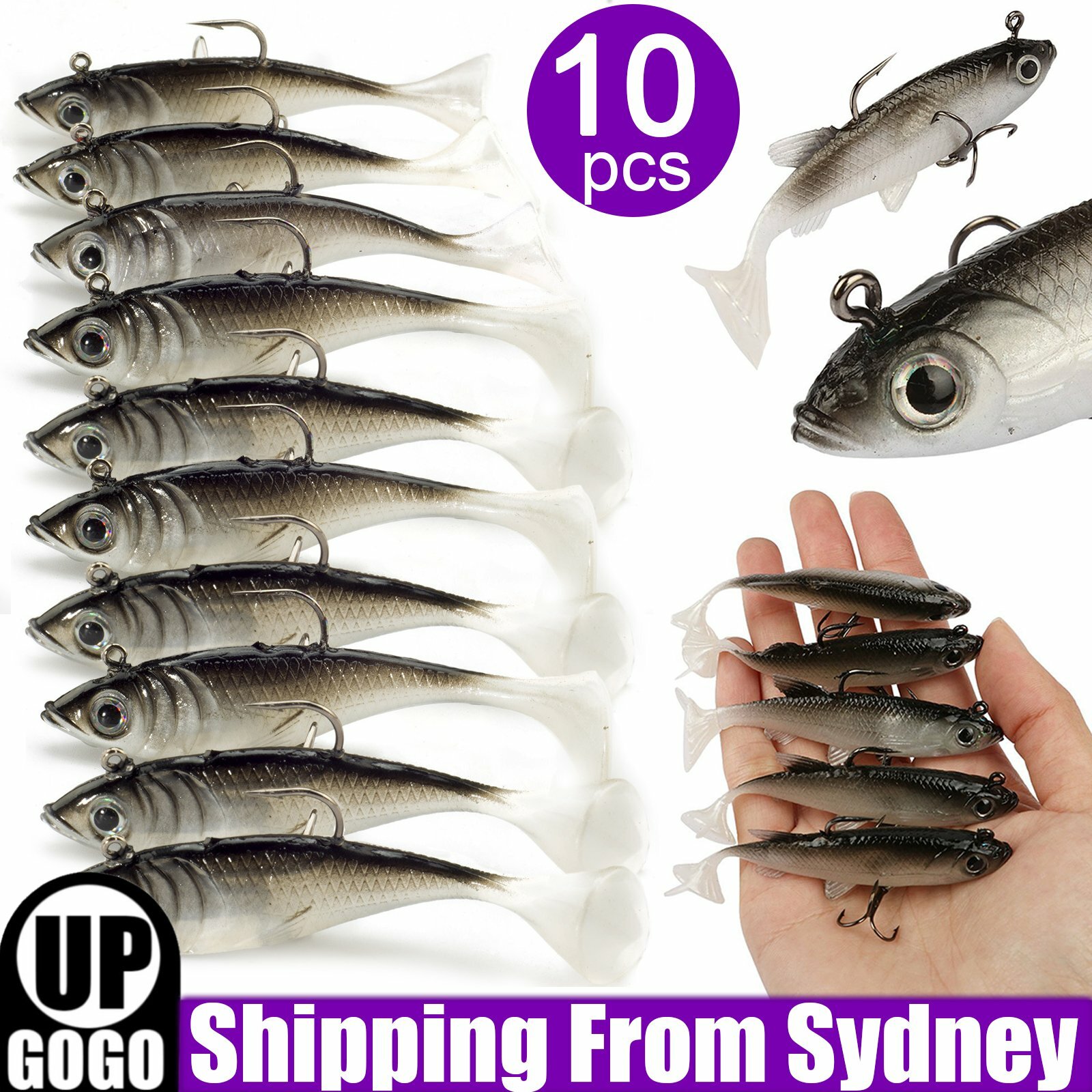 10Pcs Soft Plastic Lures Poddy Mullet Flathead Jig Head Barra Cod Fishing Tackle