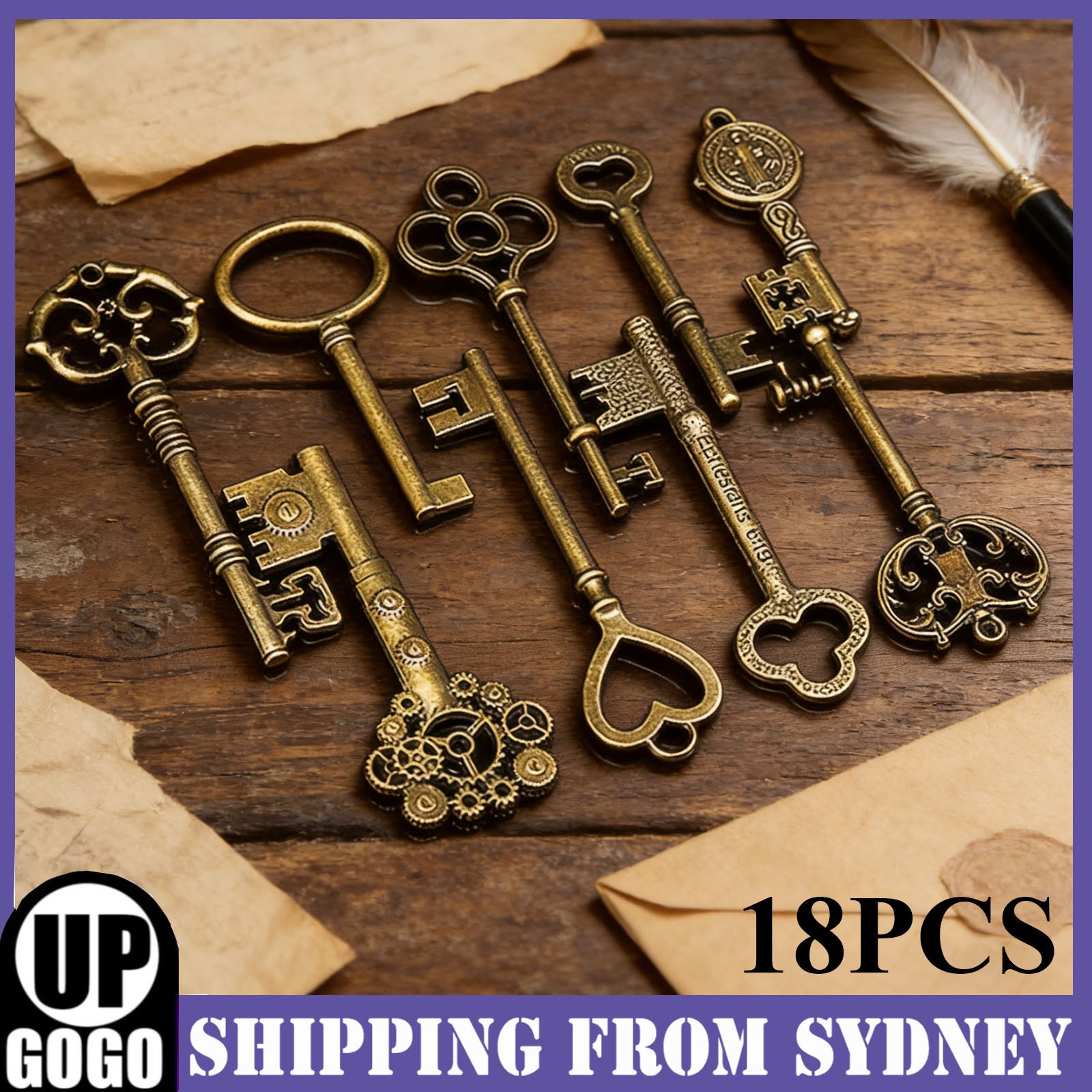 18PCS Big Large Antique VTG Old Brass Skeleton Keys Lot Cabinet Barrel Lock AUS