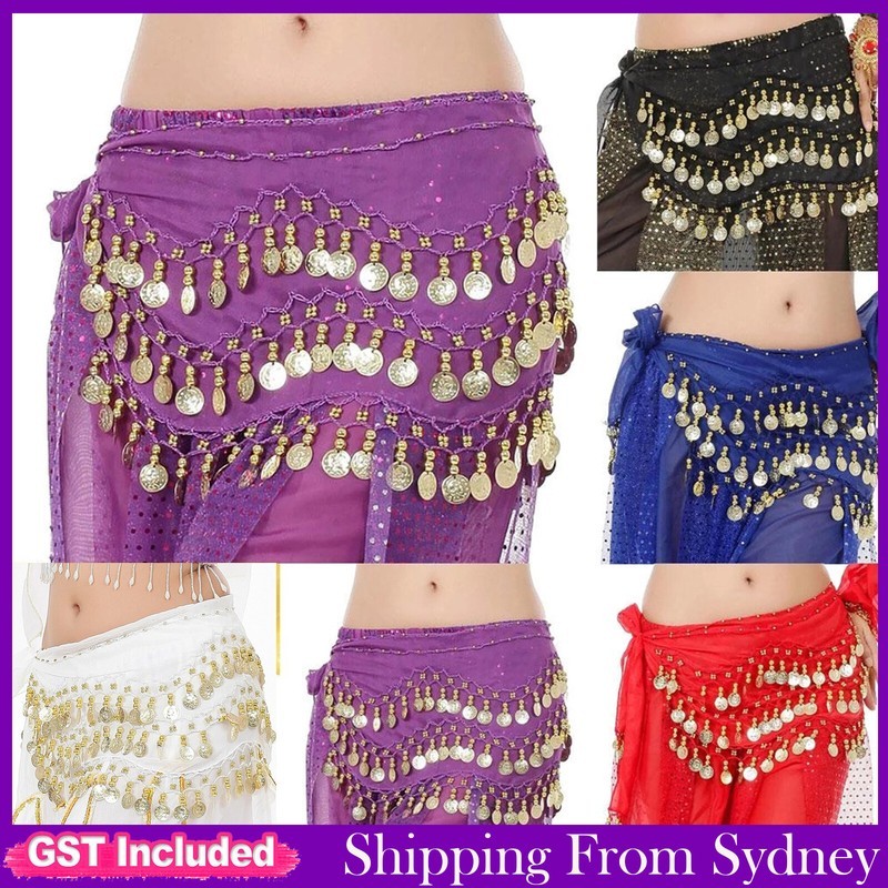 3 Rows Belly Dance Dancing Hip Scarf Belt Chain Skirt Golden Tone 98 Coin Beads