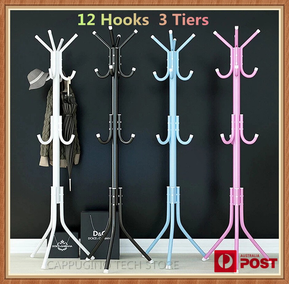 12 Hook 3-Tier Hat Coat Clothes Rack Umbrella Stand Tree Style Steel Hanger Easy