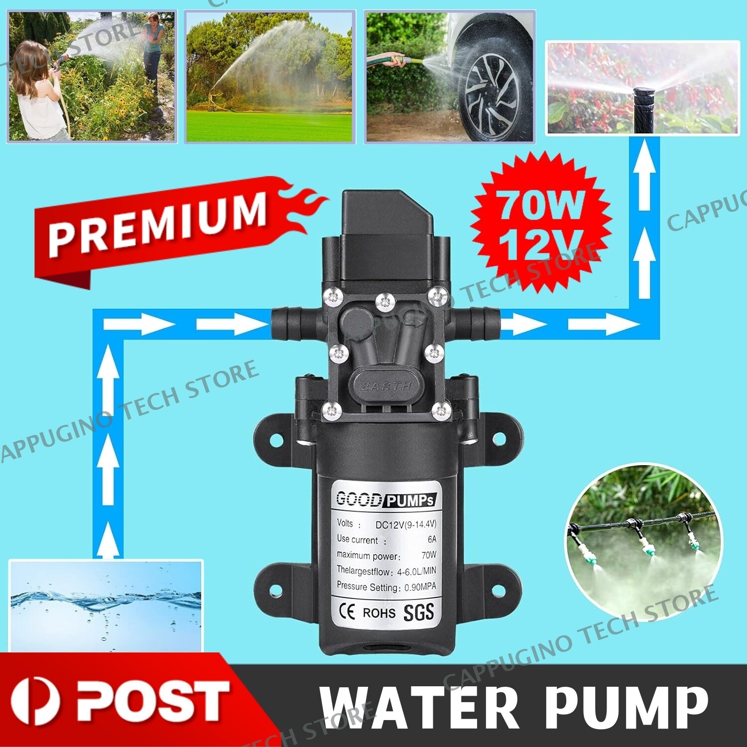 12V Water Pump 6L/min 130PSI High Pressure Camping Caravan Farm Boat Marine 70W