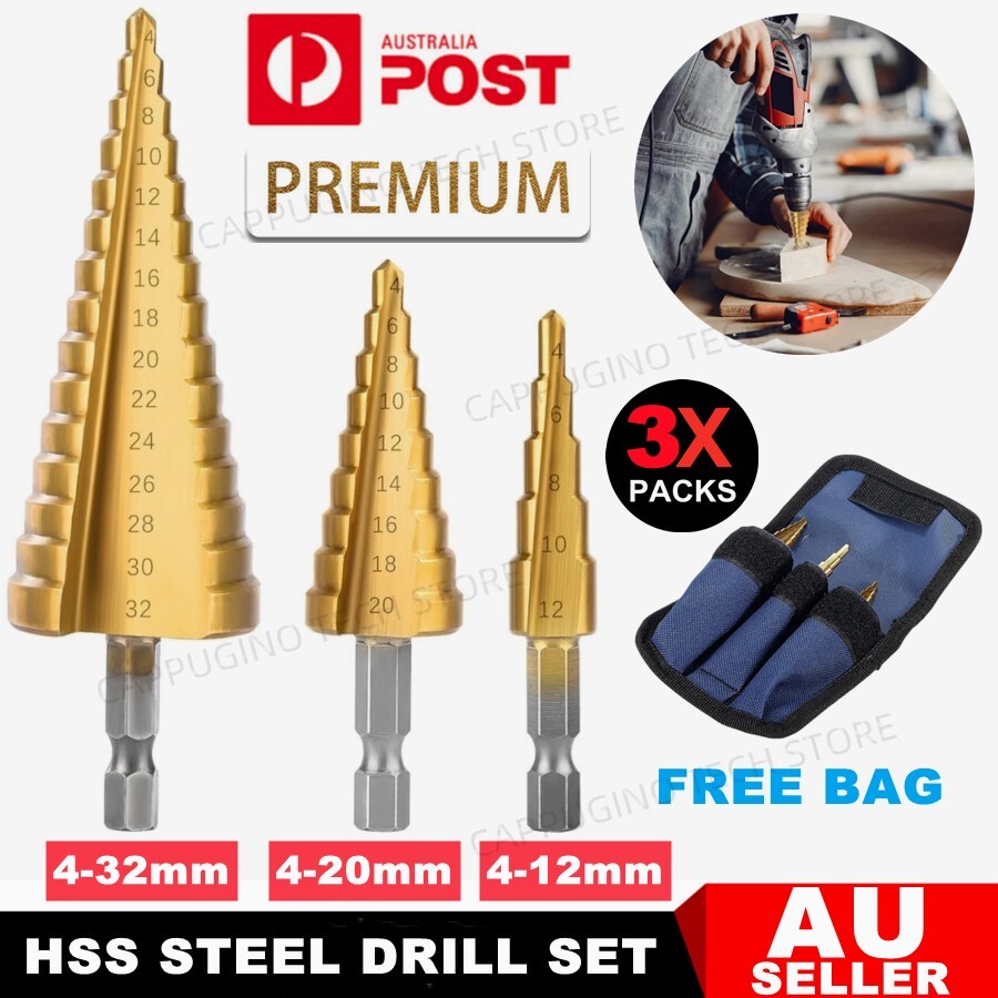 3pcs Large HSS Steel Step Cone Drill Titanium Bit Set Hole Cutter 4-12/20/32mm