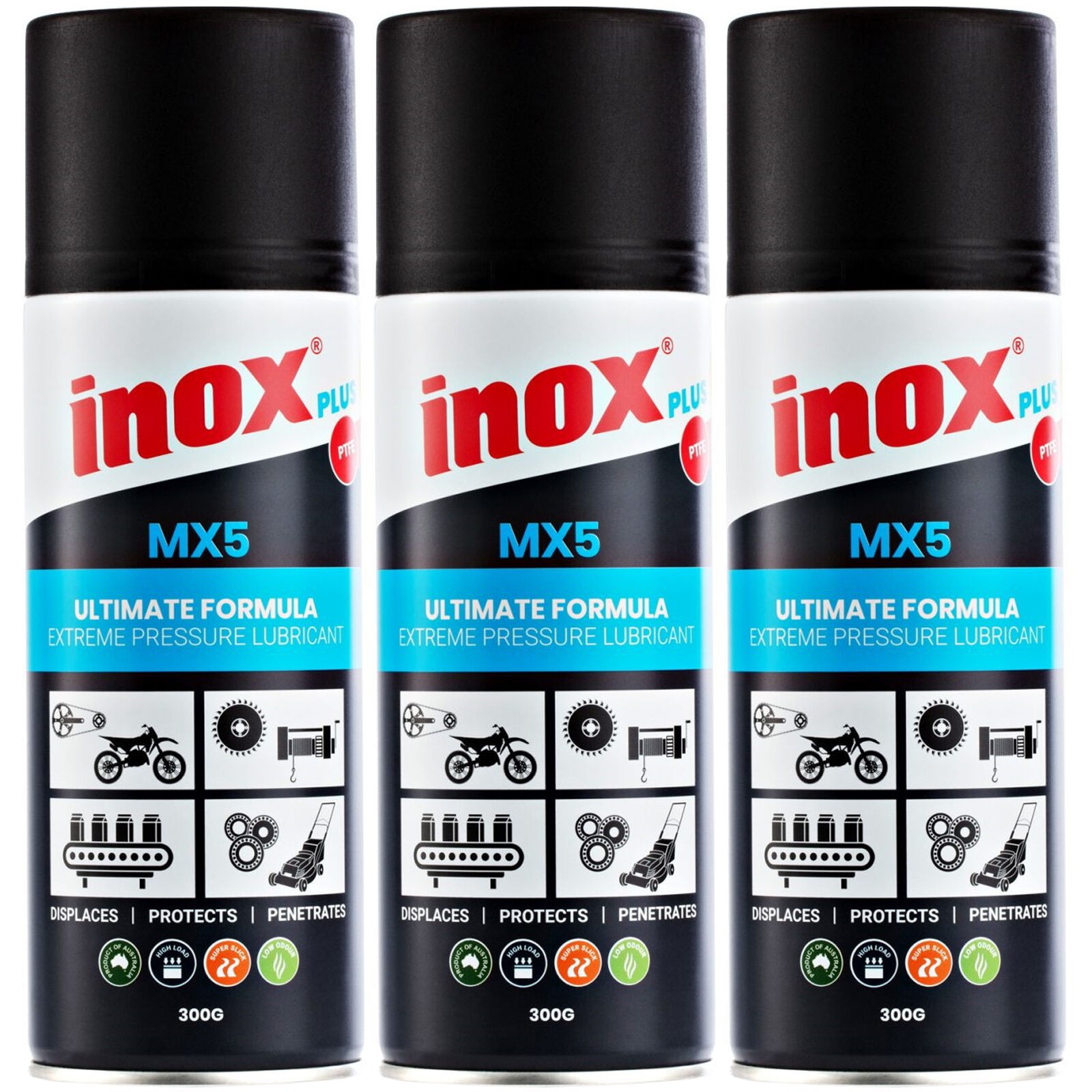 Inox 3 Pack MX5 Plus Extreme Pressure PTFE Lubricant Aerosol Spray 300g N/A