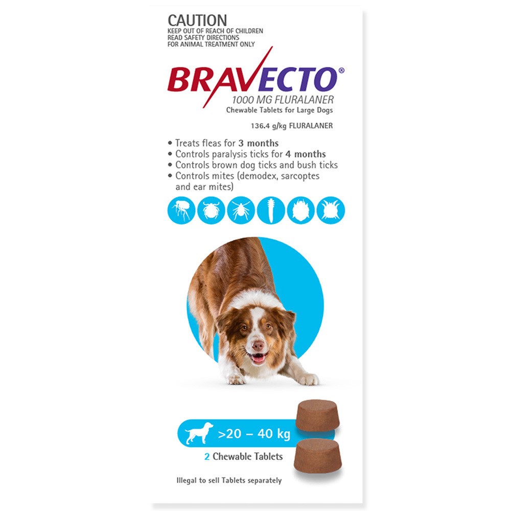 Bravecto Dog 6 Month Chew Tick Flea Treatment 20-40kg Large Blue B0226 Remedies