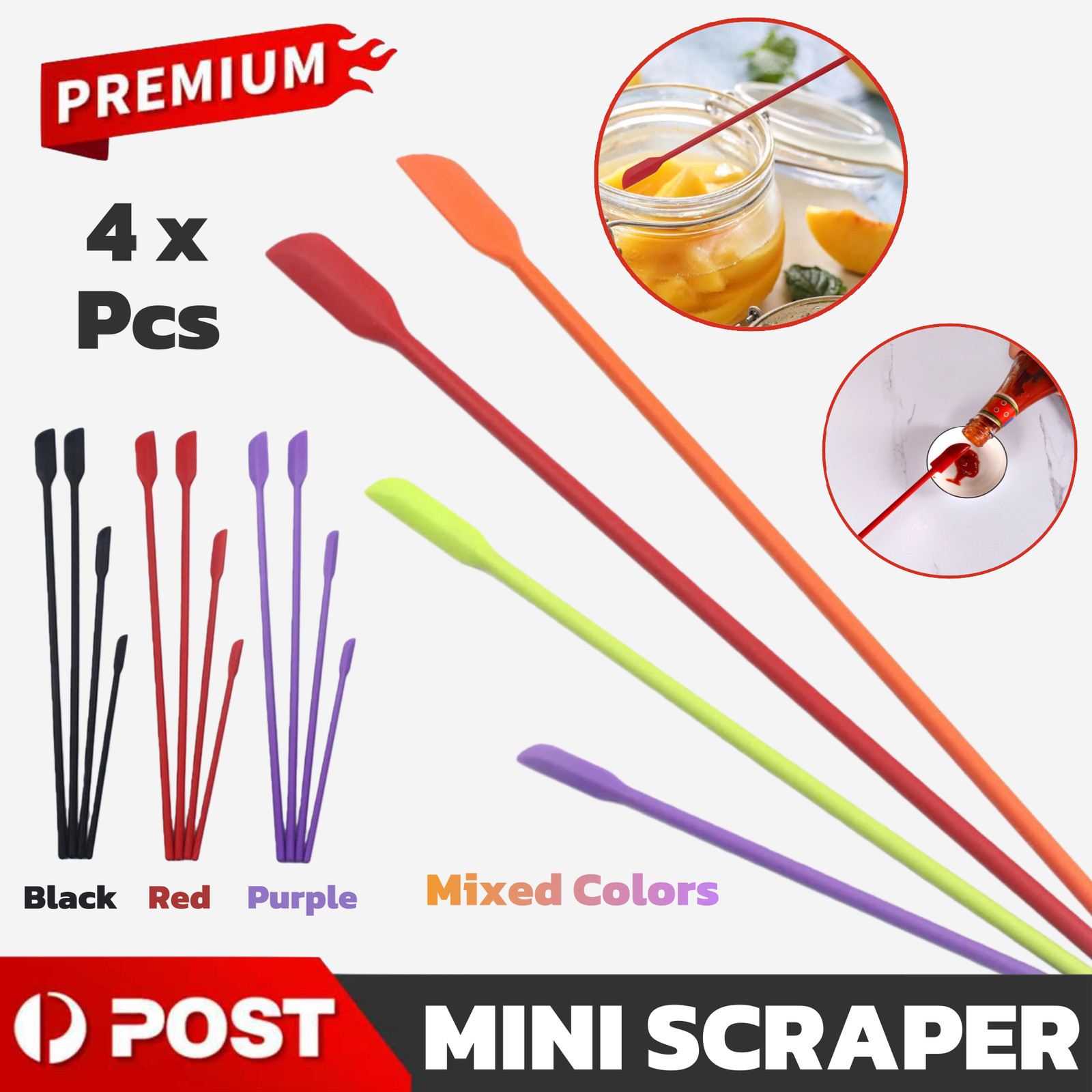 4x Silicone Mini Spatula Jar Scraper Scoop Tip Long Cosmetic Bottle Set Reusable