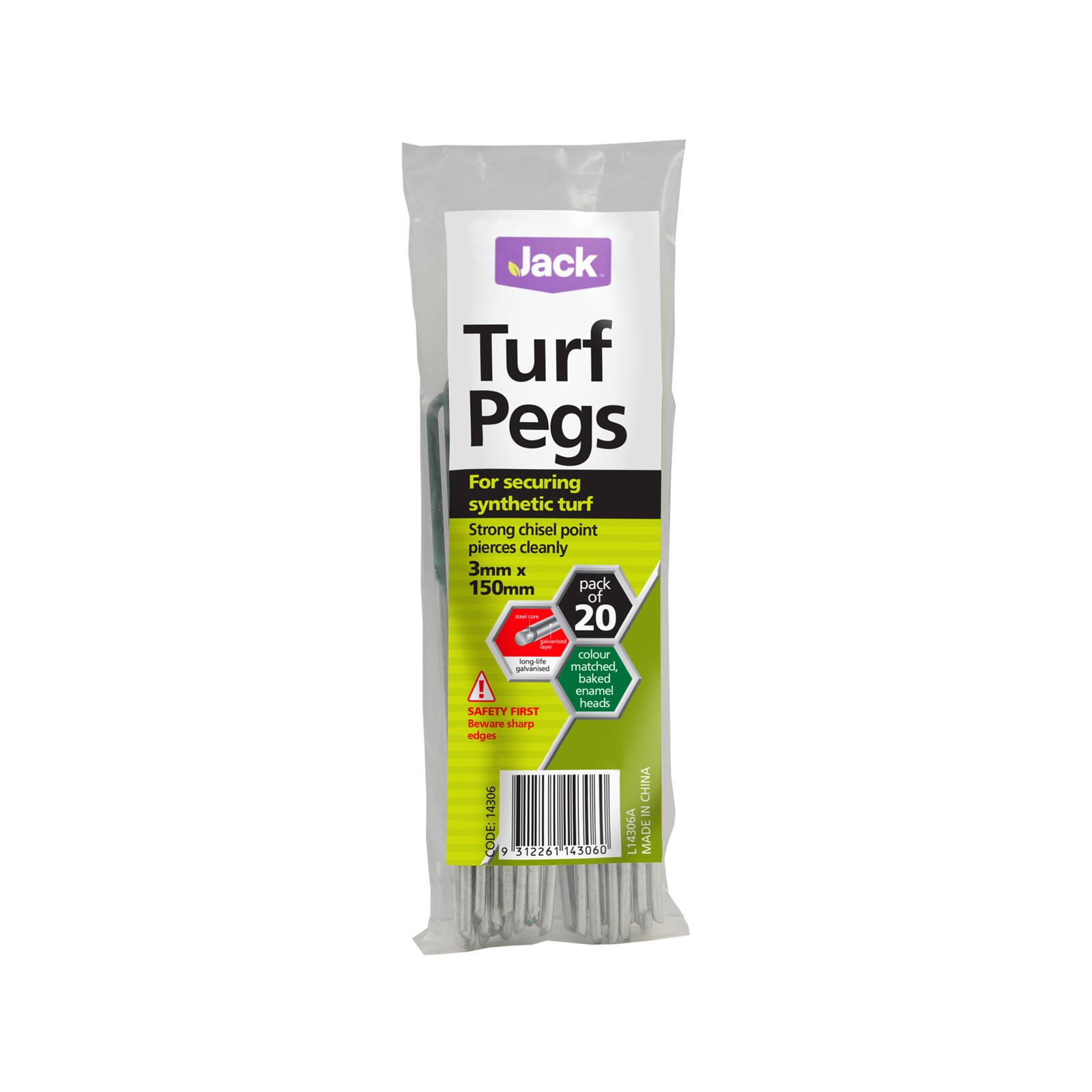 Jack Galvanised Green Synthetic Turf Pegs - 20 pieces