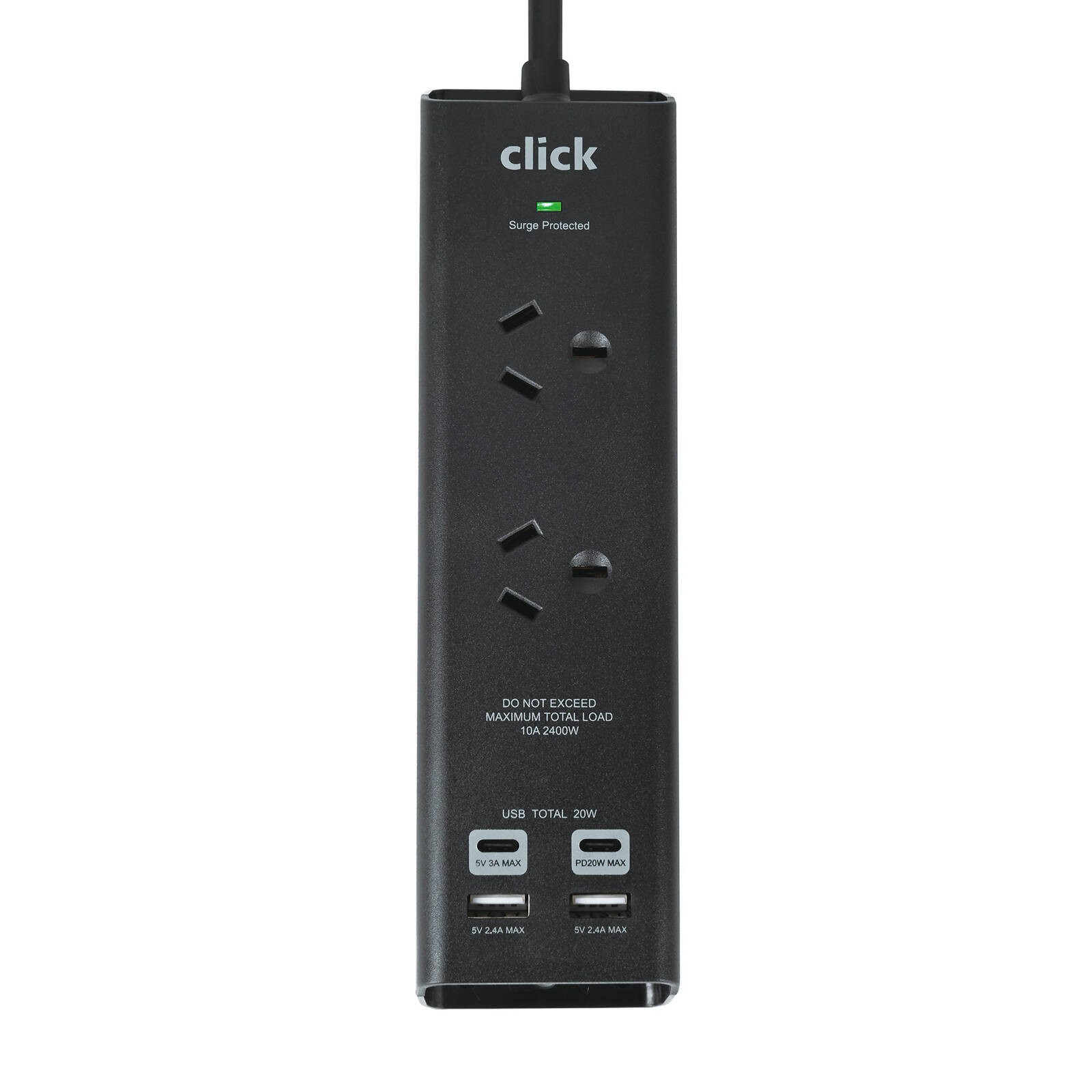 Click Fast Charging 2 Outlet Black Wall Mountable Powerboard with USB A & C Outl