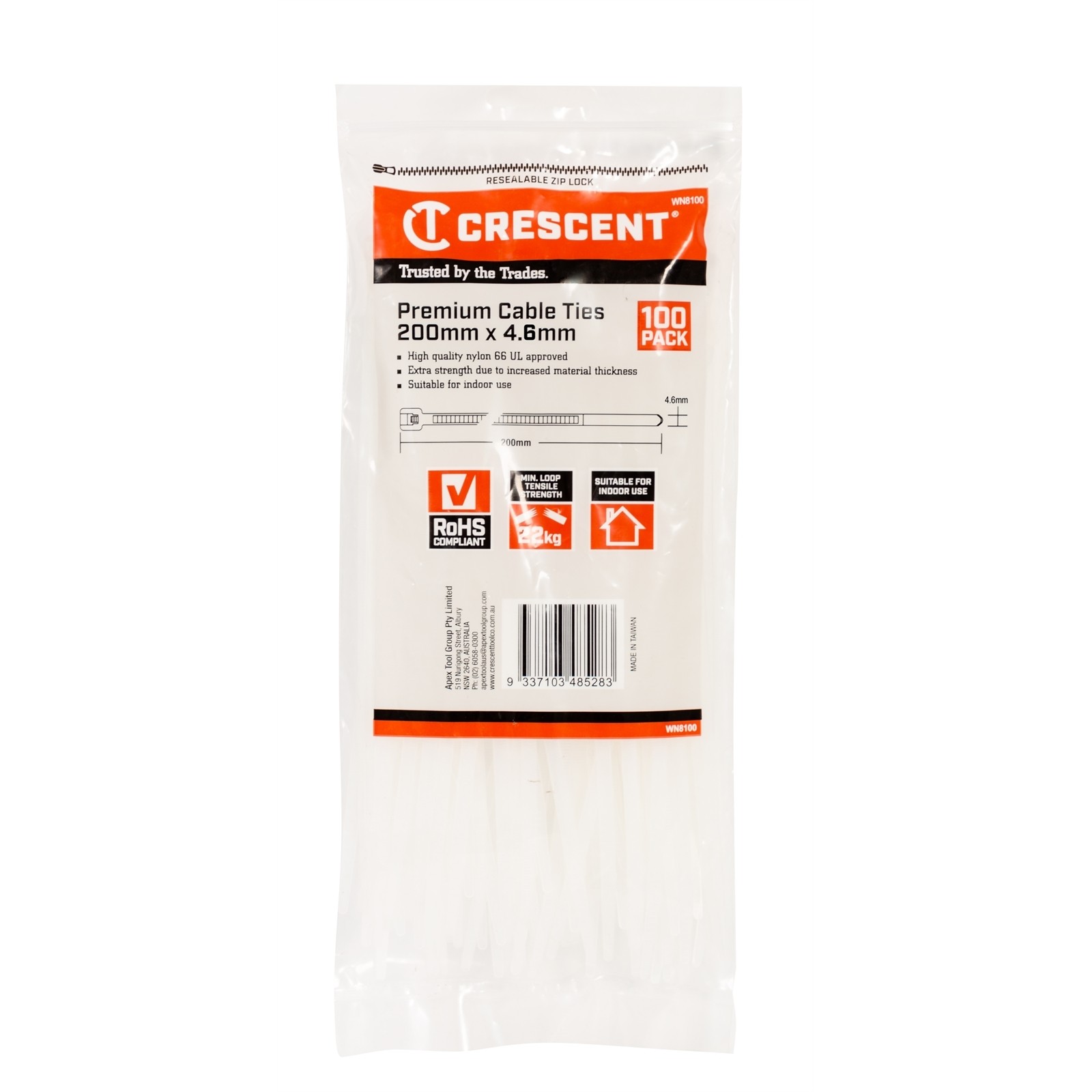 Crescent 200 x 4.6mm Natural Cable Ties - 100 pieces Car Wiring Adapter