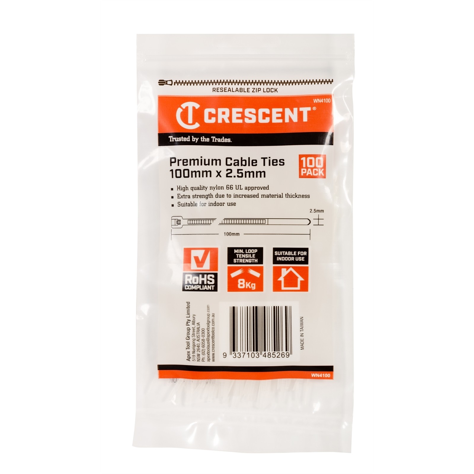 Crescent 100mm x 2.5mm Natural Premium Cable Ties 4 pcs Car Wiring Adapter