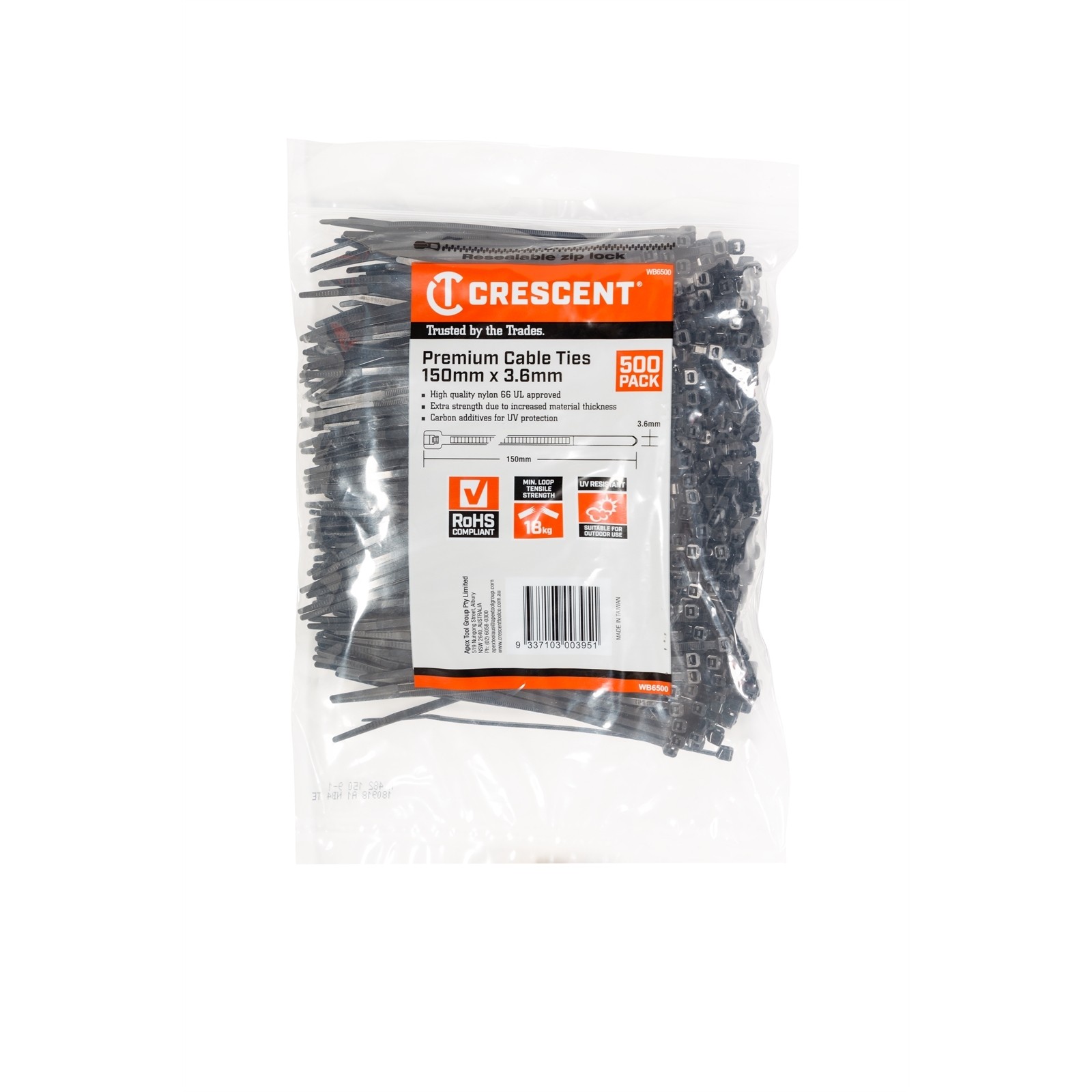 Crescent 150 x 3.6mm Black Cable Ties - 500 pieces Car Wiring Adapter