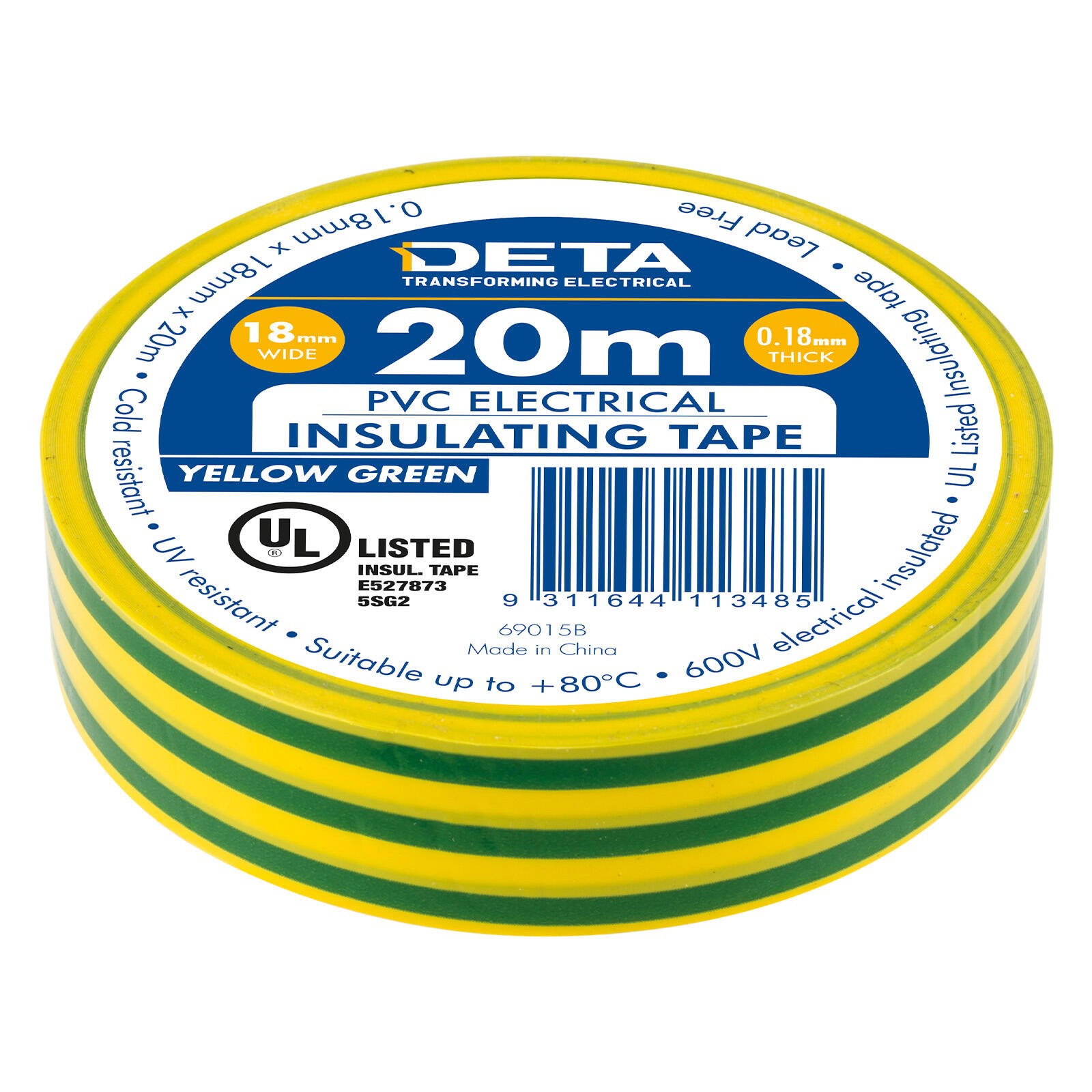 DETA 20m 18mm Yellow / Green Insulation PVC Tape 4 pcs