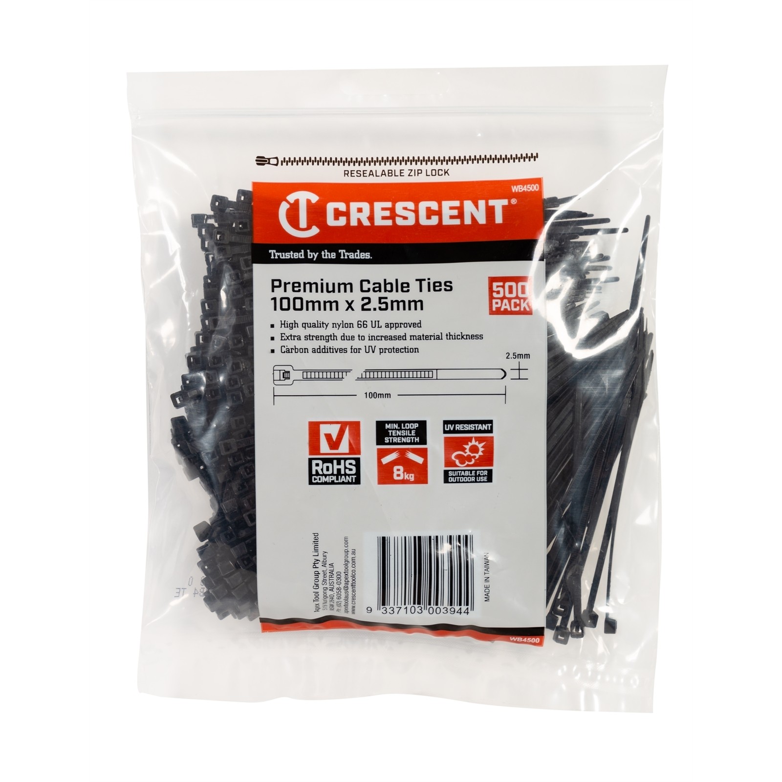 Crescent 100 x 2.5mm Black Cable Ties - 500 pieces Car Wiring Adapter