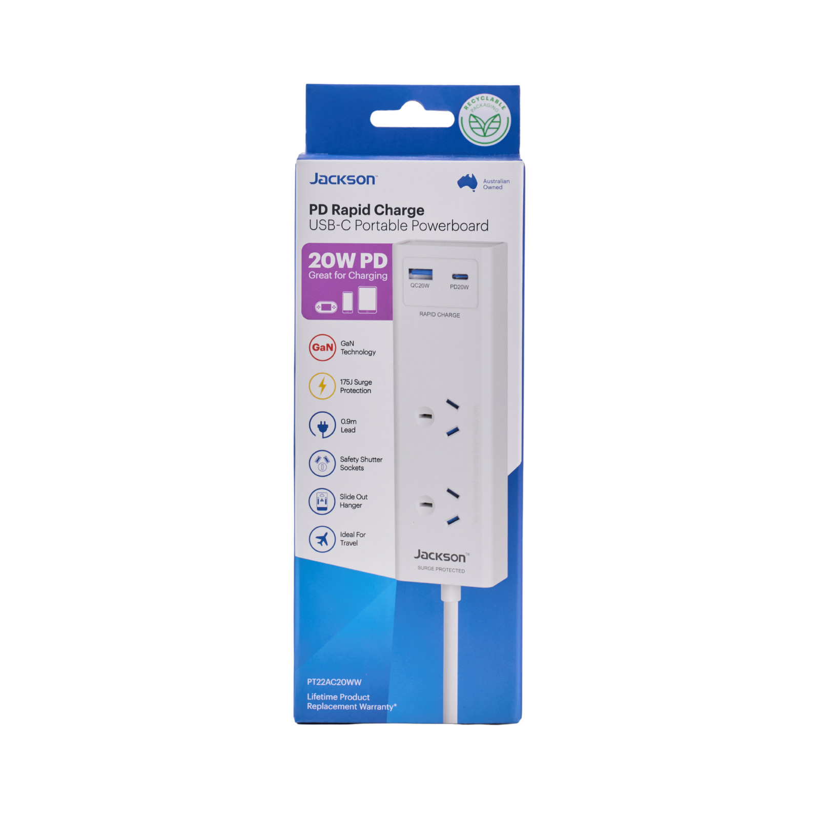 Jackson 2 Outlet Portable Powerboard W USB 1A/1C PD20W White Car Charger