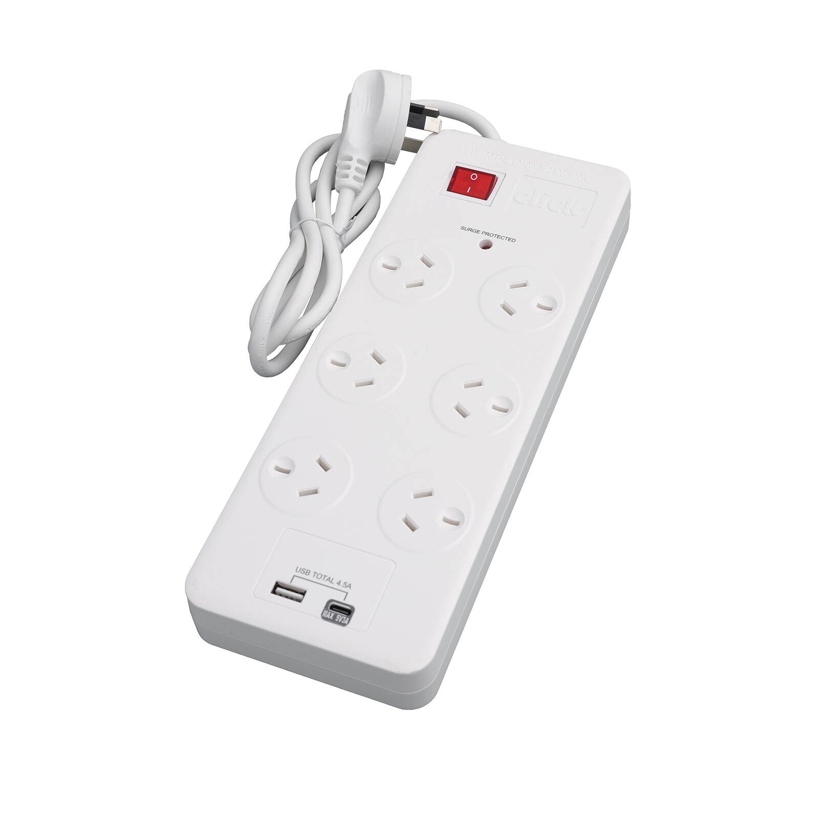 Click 6 Outlet Power Board With USB Charger Car Charger