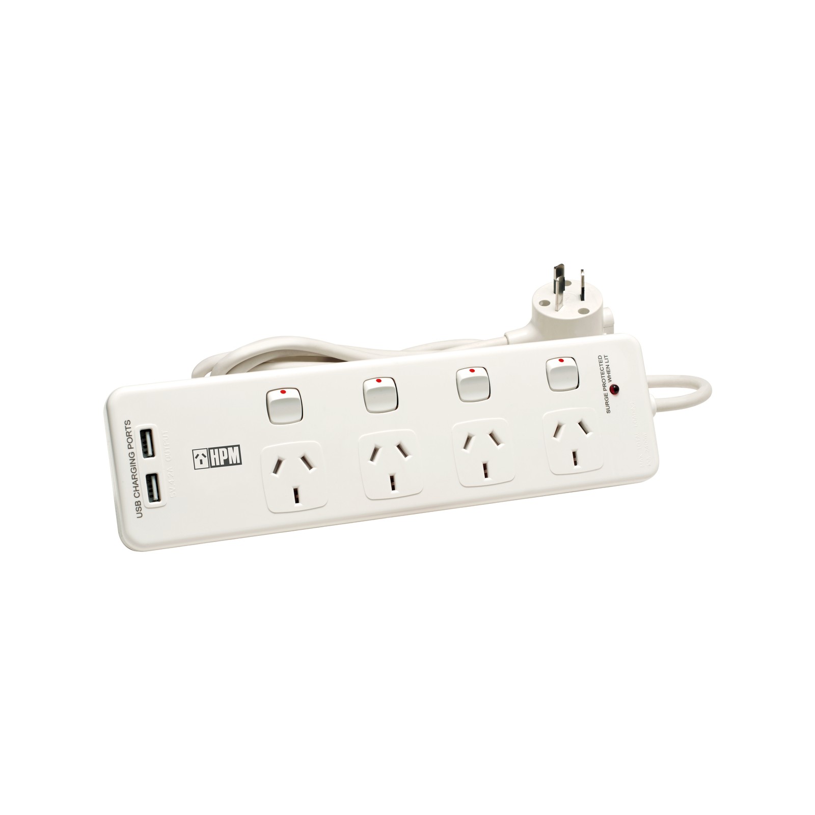 HPM 4 Outlet USB Charging Switched Powerboard White Car Charger
