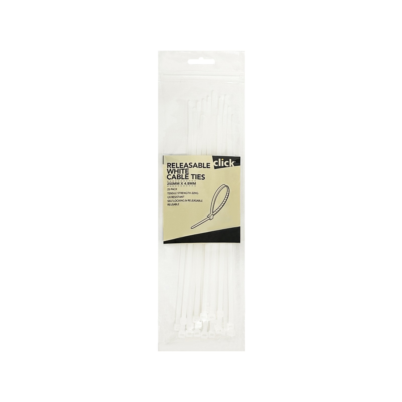 Click 250mm White Releasable Cable Tie - 25 pieces Car Wiring Adapter