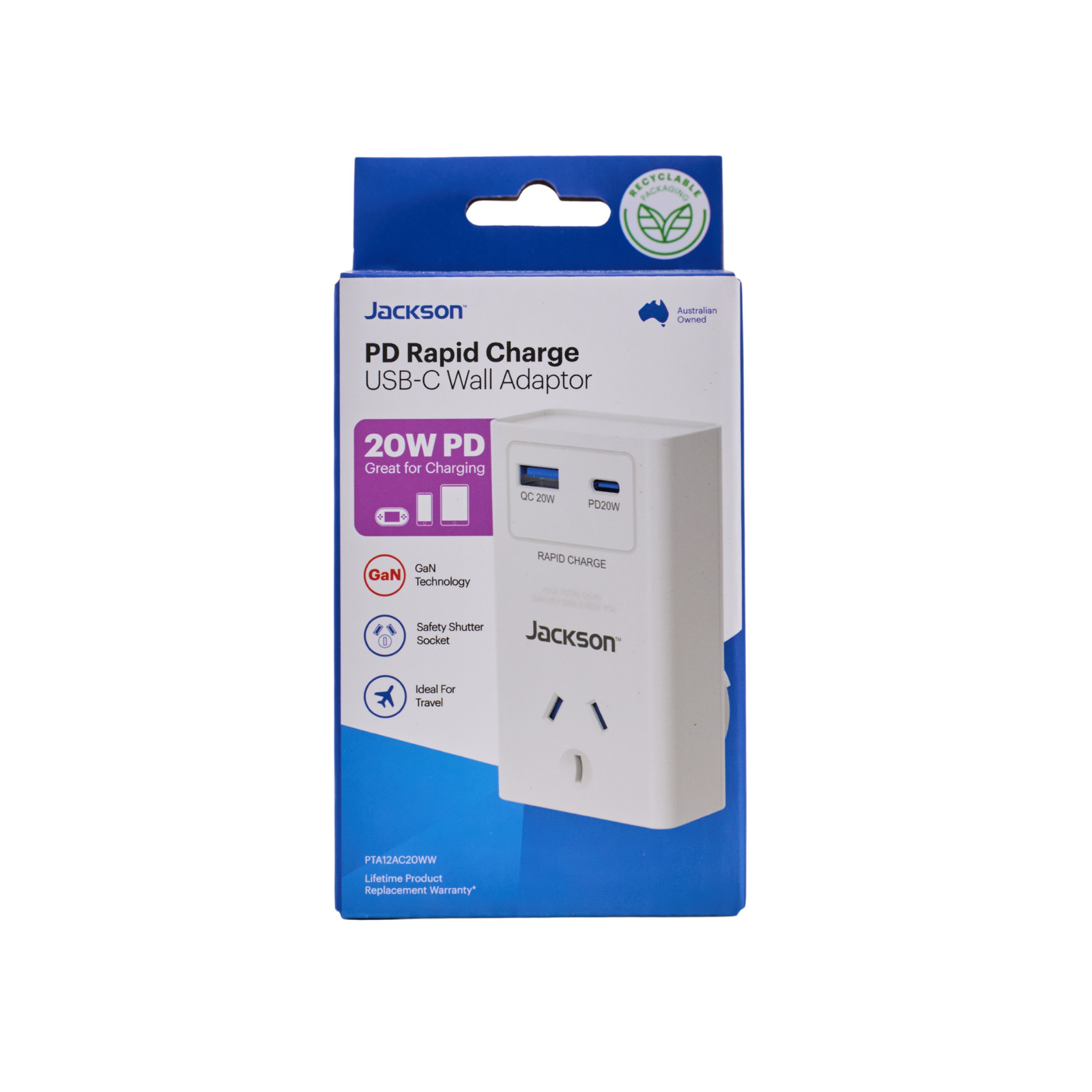 Jackson 1 Outlet Adaptor W USB 1A/1C PD20W White Car Wiring Adapter Car Charger